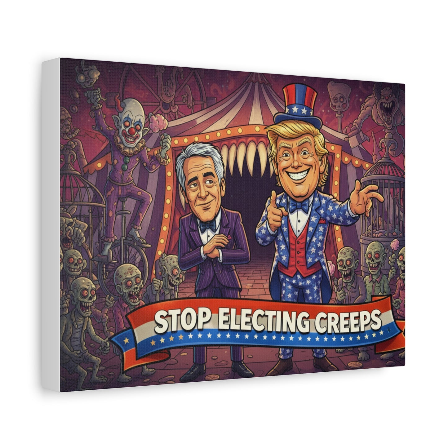 Stop Electing Creeps Canvas Wall Art — Political Satire Trump & Jeffrey Epstein Caricature