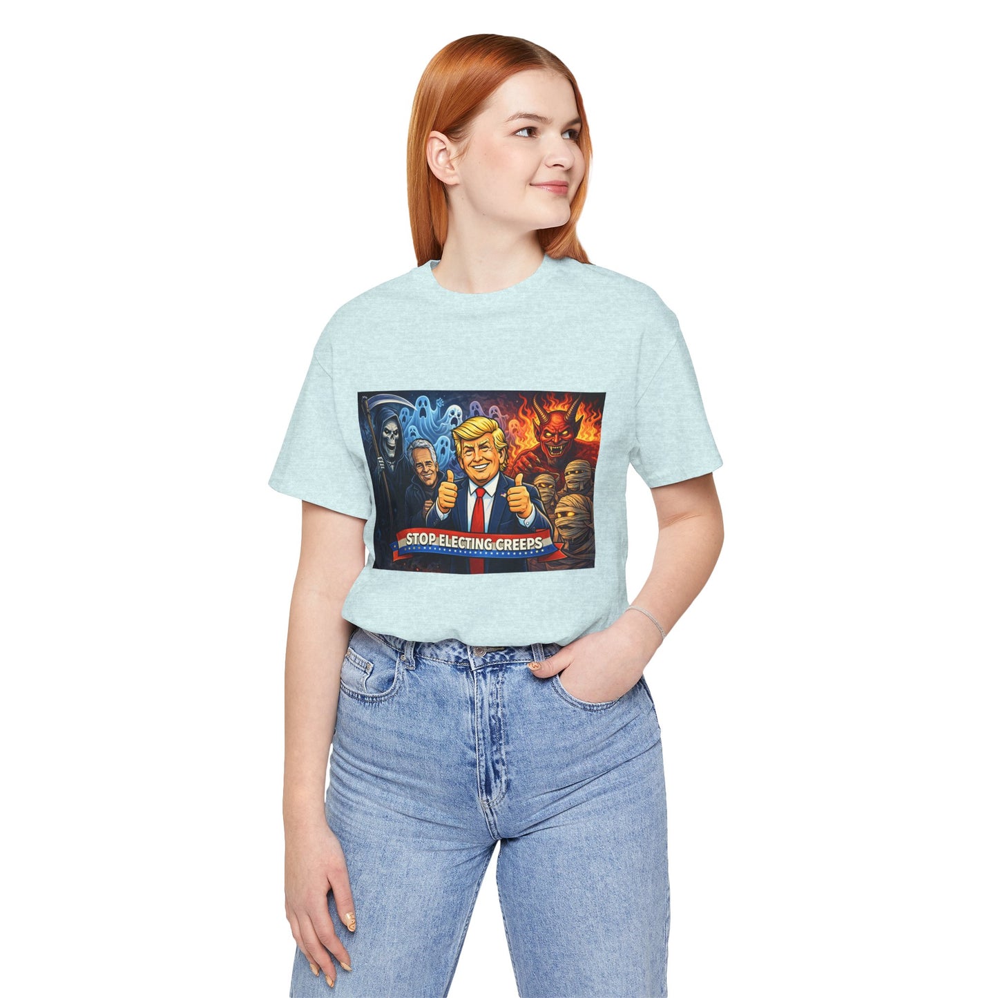 Political Satire Tee — "Stop Electing Creeps" Trump & Monsters Graphic Shirt