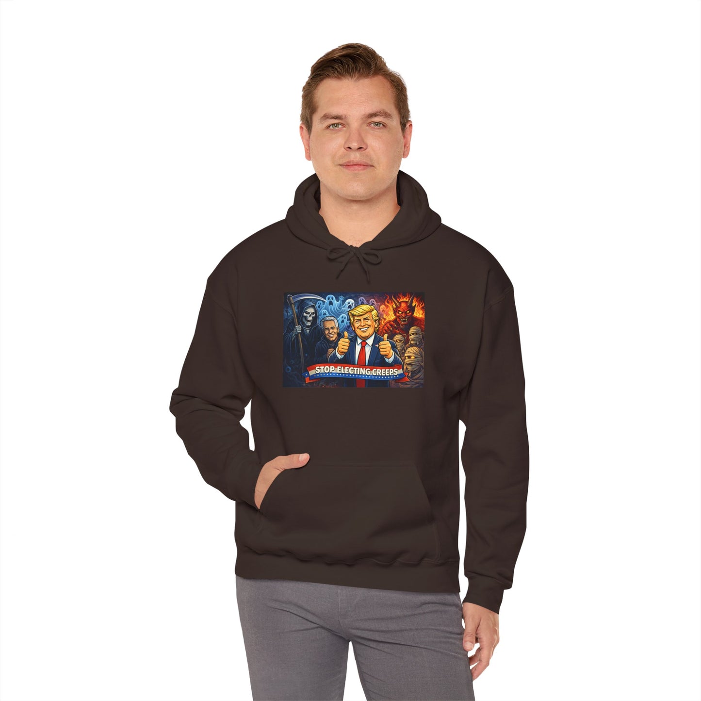Political Caricature Hoodie — Bold Retro Satire Graphic Sweatshirt