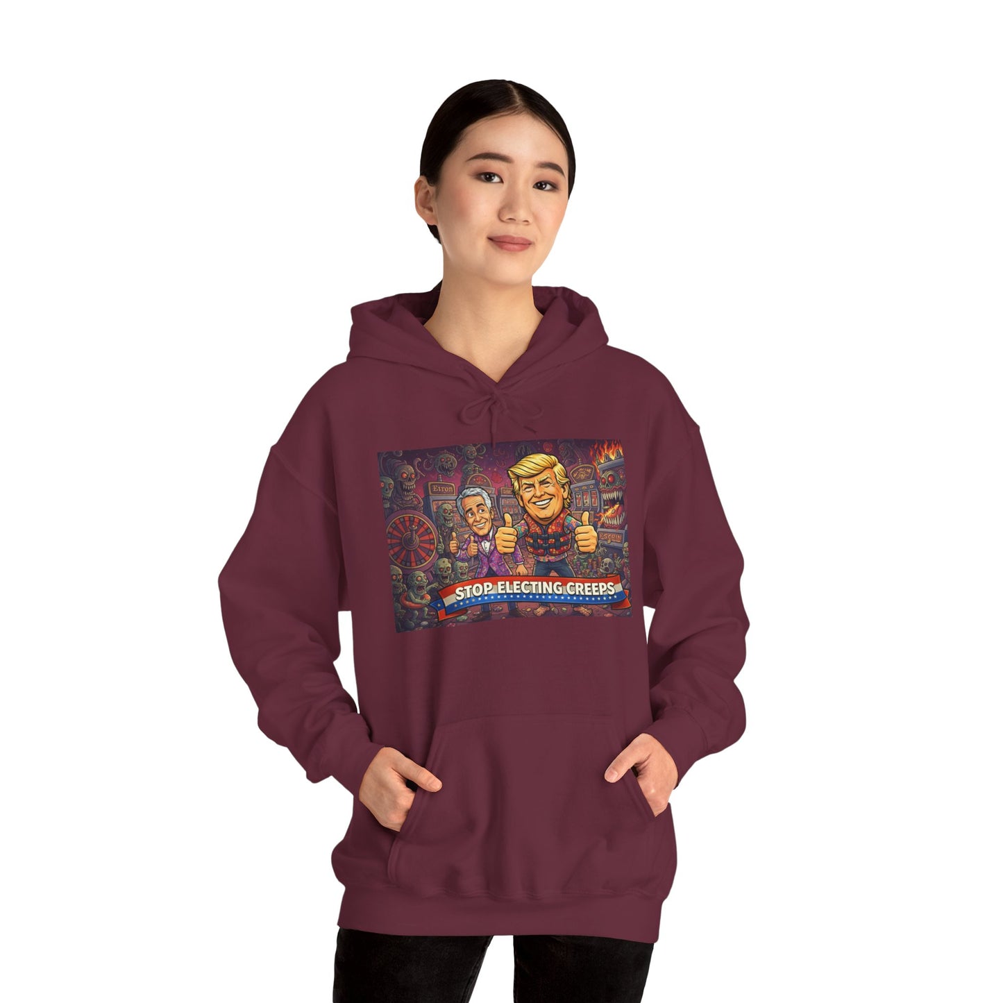 Political Satire Hoodie — "Stop Electing Creeps" Graphic Pullover