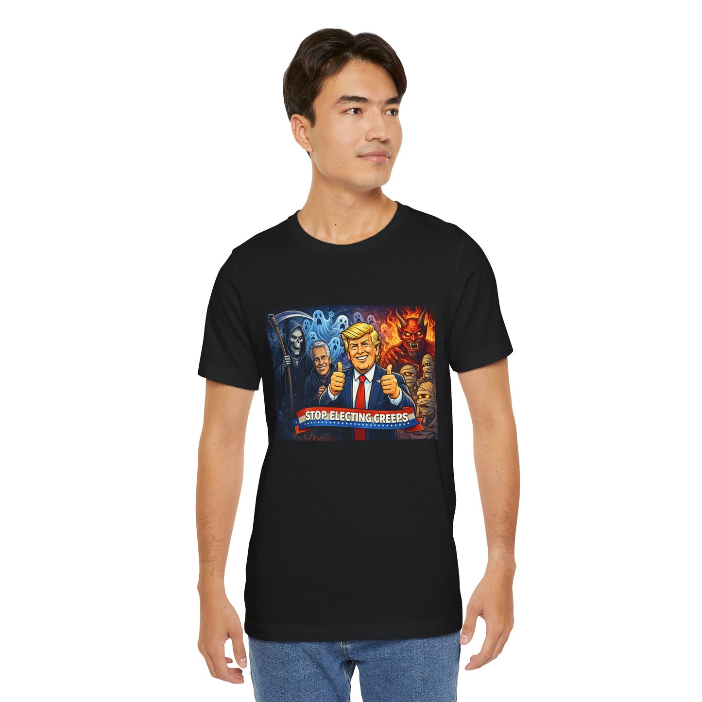 Political Satire Tee — "Stop Electing Creeps" Trump & Monsters Graphic Shirt
