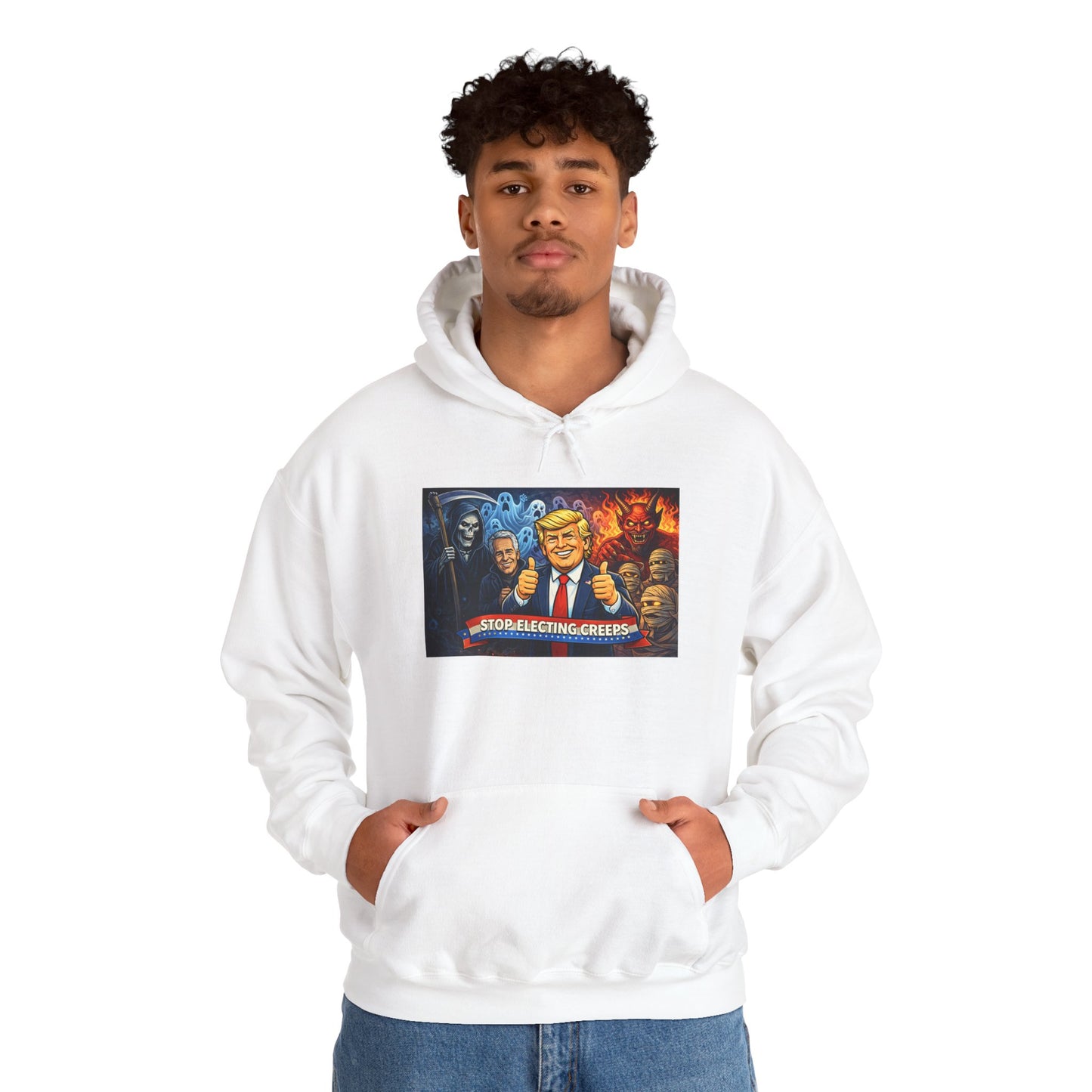 Political Caricature Hoodie — Bold Retro Satire Graphic Sweatshirt