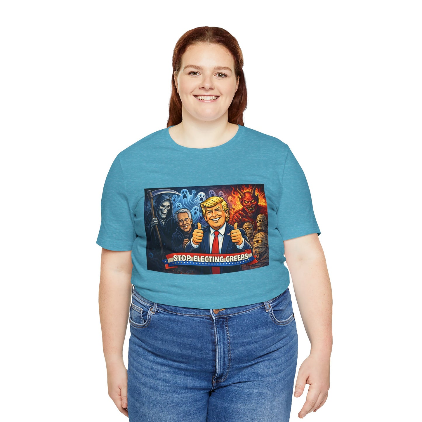 Political Satire Tee — "Stop Electing Creeps" Trump & Monsters Graphic Shirt