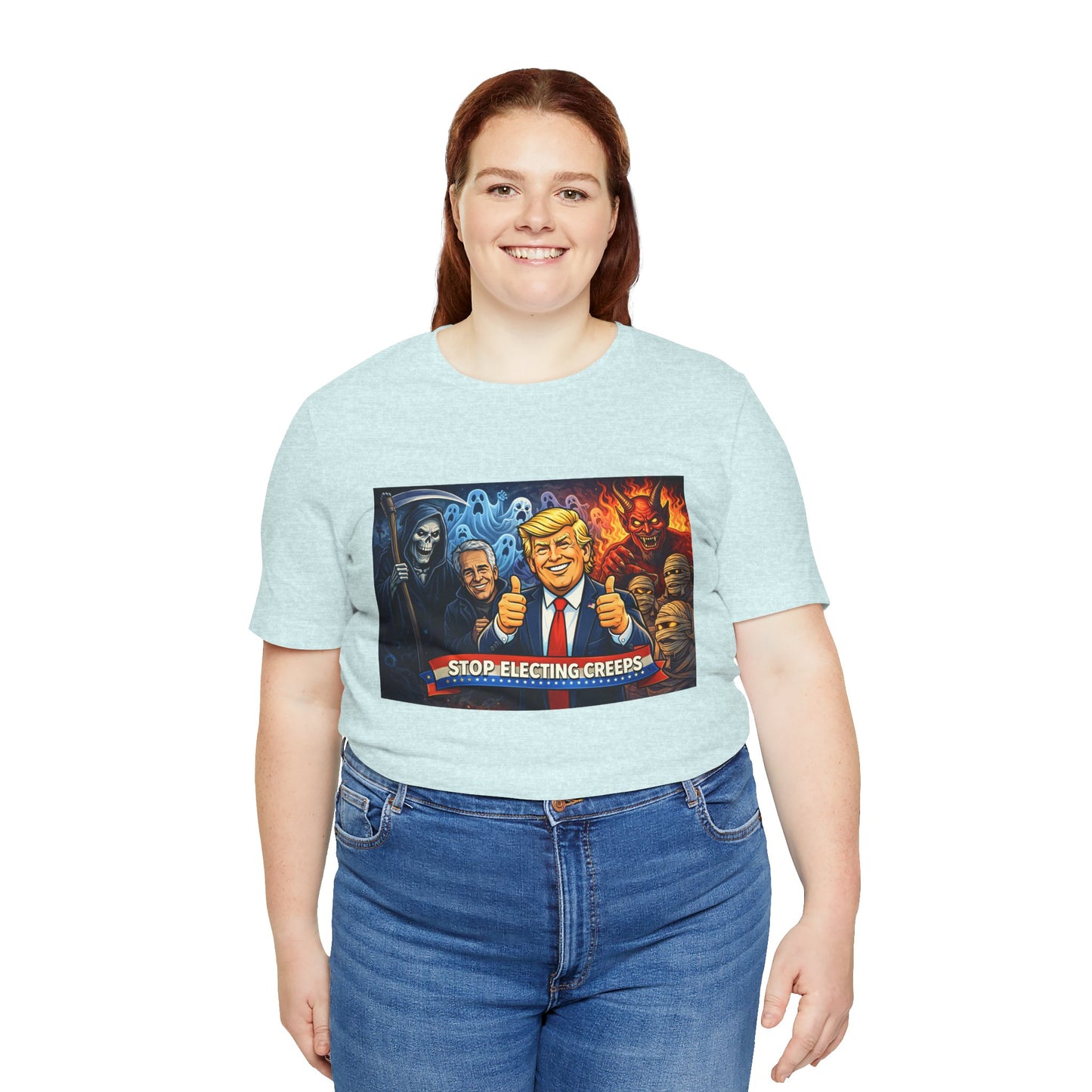 Political Satire Tee — "Stop Electing Creeps" Trump & Monsters Graphic Shirt