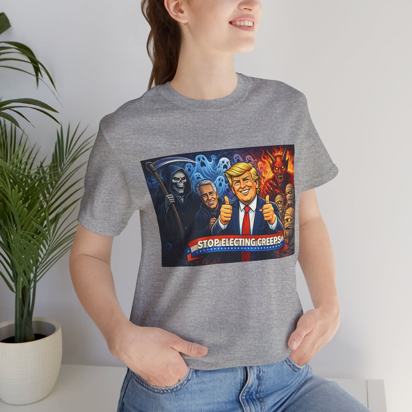Political Satire Tee — "Stop Electing Creeps" Trump & Monsters Graphic Shirt