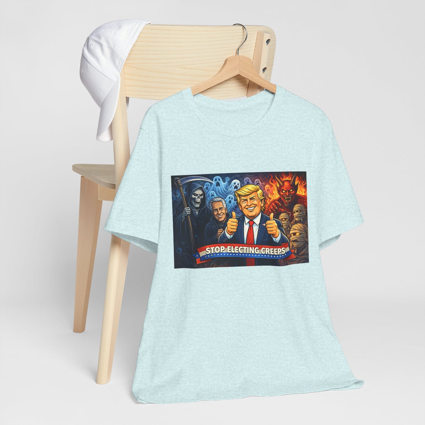 Political Satire Tee — "Stop Electing Creeps" Trump & Monsters Graphic Shirt