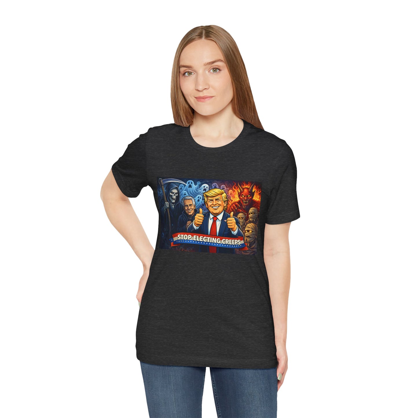 Political Satire Tee — "Stop Electing Creeps" Trump & Monsters Graphic Shirt