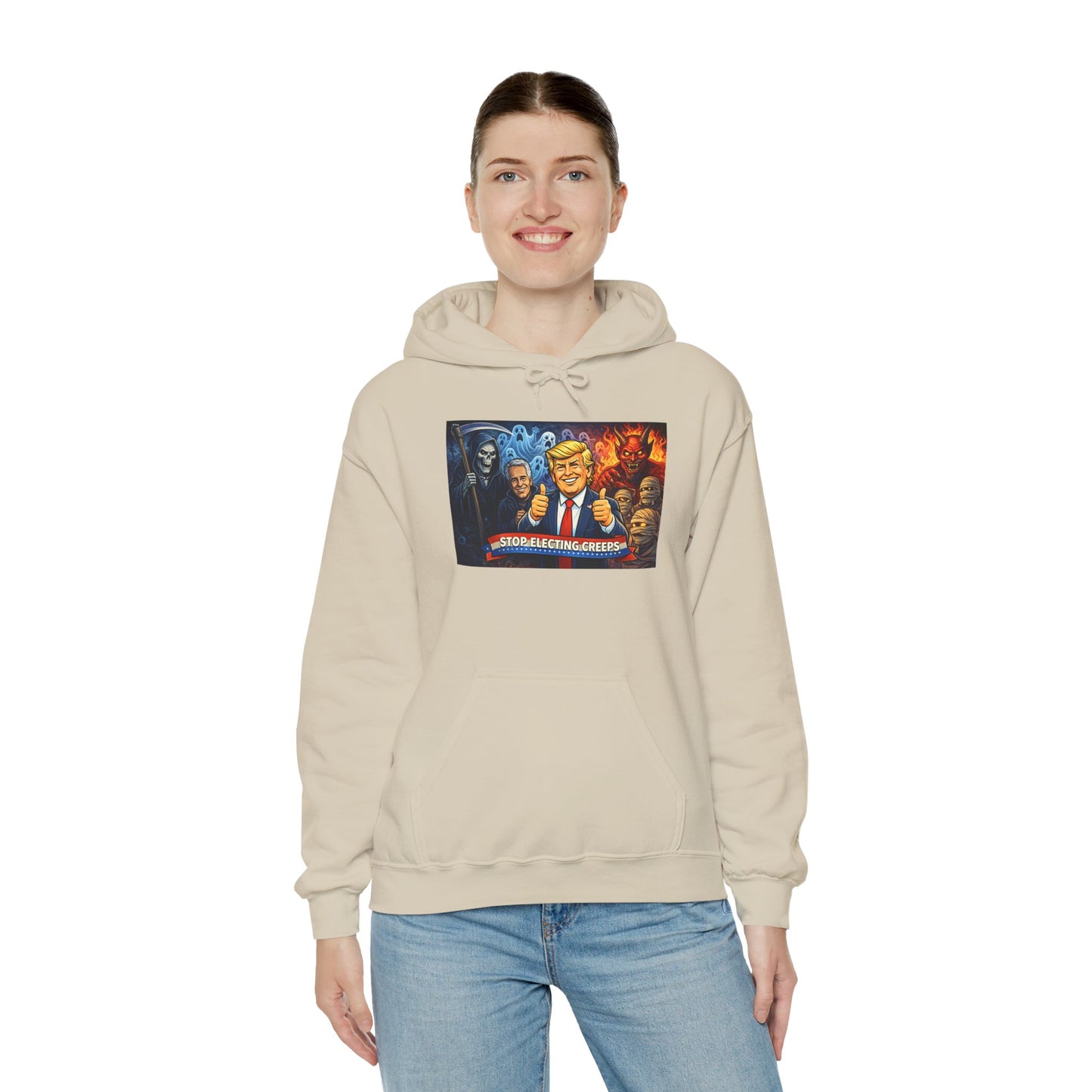Political Caricature Hoodie — Bold Retro Satire Graphic Sweatshirt