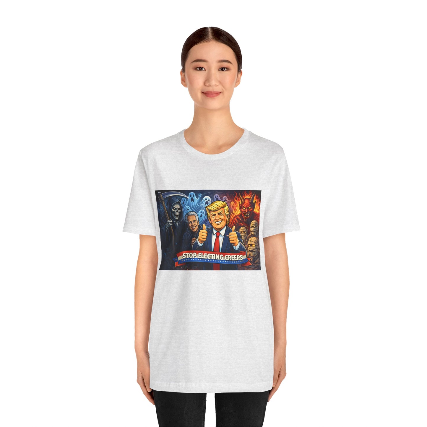 Political Satire Tee — "Stop Electing Creeps" Trump & Monsters Graphic Shirt