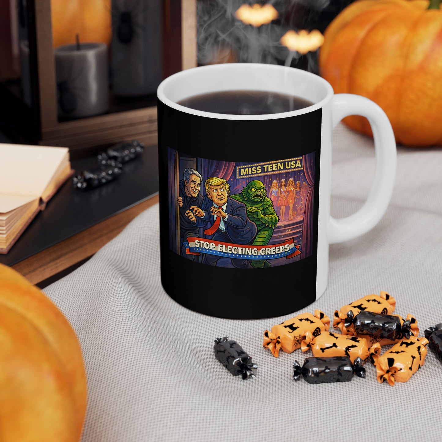 Vintage Stage Curtain Coffee Mug with Showbiz Illustration