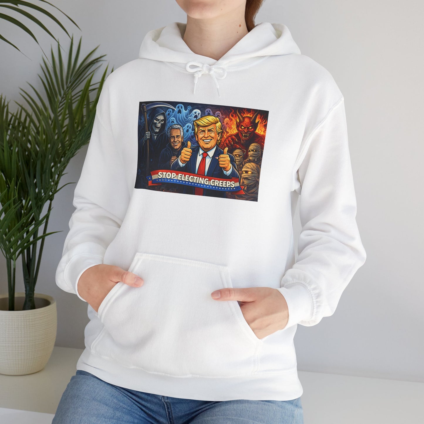 Political Caricature Hoodie — Bold Retro Satire Graphic Sweatshirt