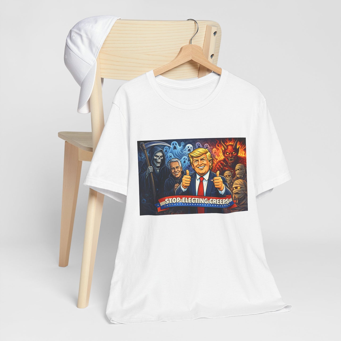 Political Satire Tee — "Stop Electing Creeps" Trump & Monsters Graphic Shirt