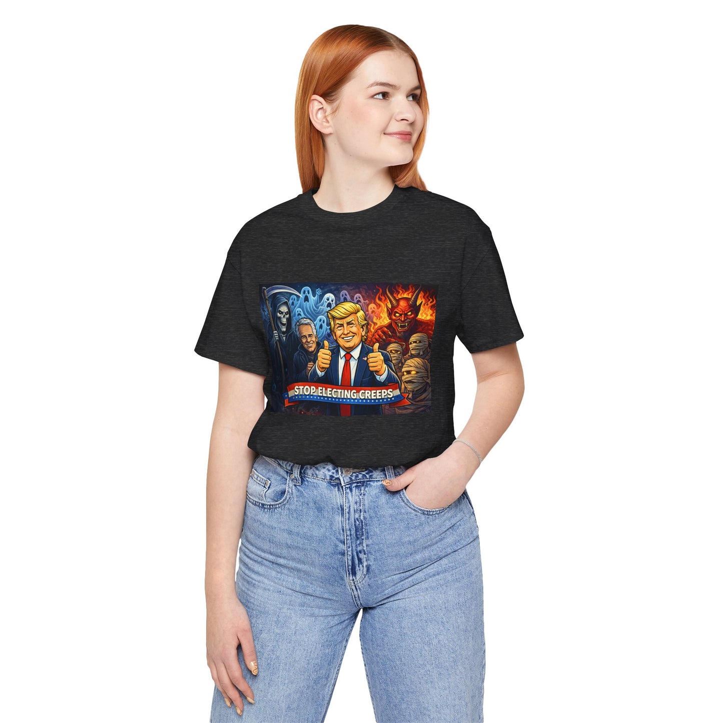 Political Satire Tee — "Stop Electing Creeps" Trump & Monsters Graphic Shirt