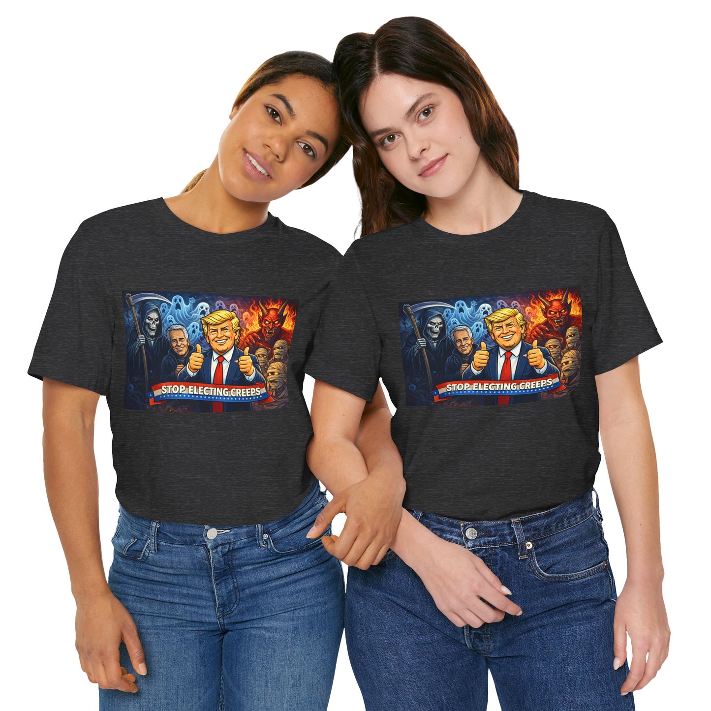 Political Satire Tee — "Stop Electing Creeps" Trump & Monsters Graphic Shirt