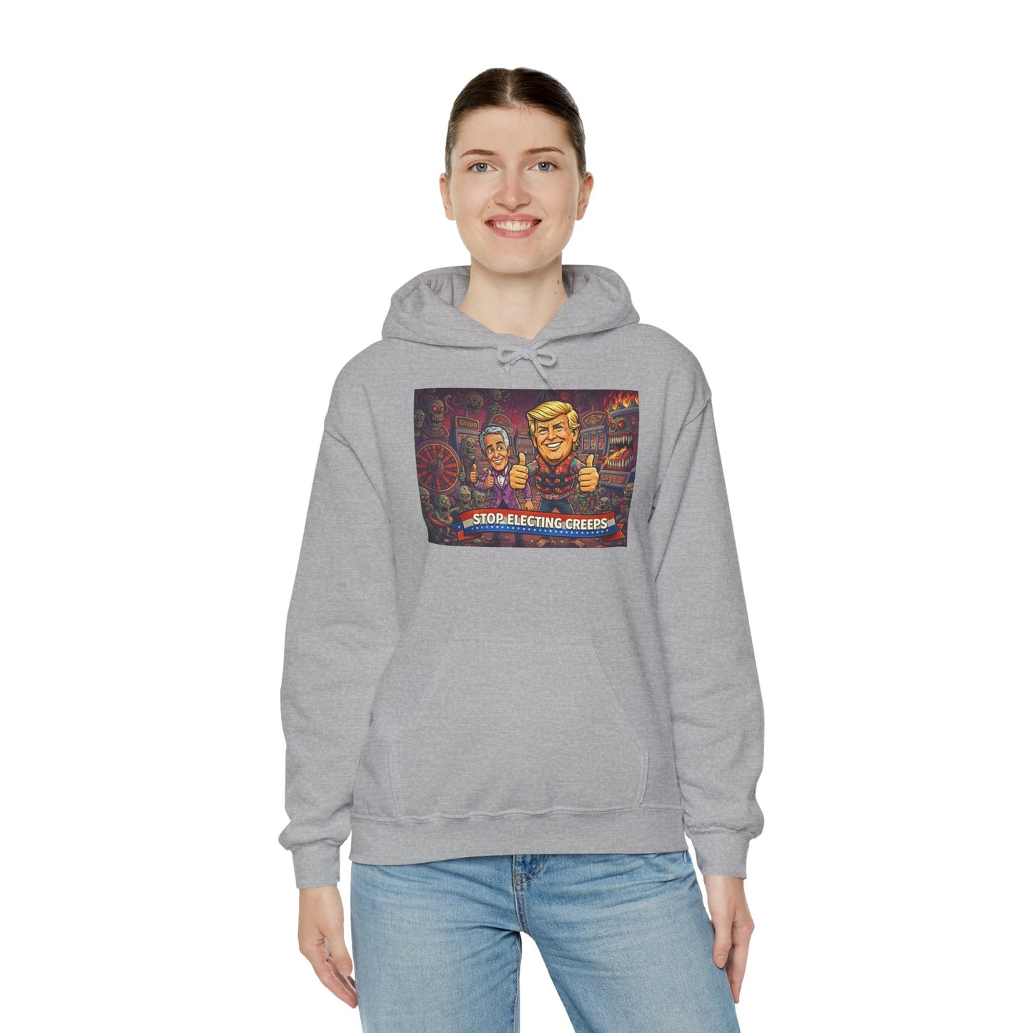 Political Satire Hoodie — "Stop Electing Creeps" Graphic Pullover