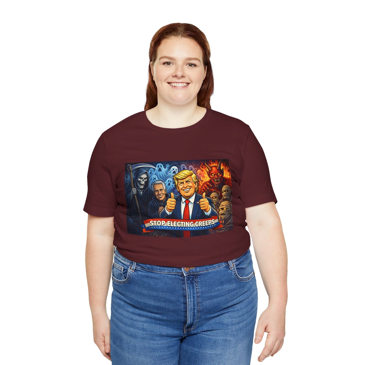 Political Satire Tee — "Stop Electing Creeps" Trump & Monsters Graphic Shirt