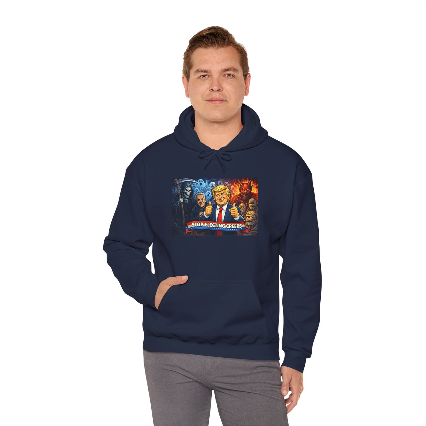 Political Caricature Hoodie — Bold Retro Satire Graphic Sweatshirt