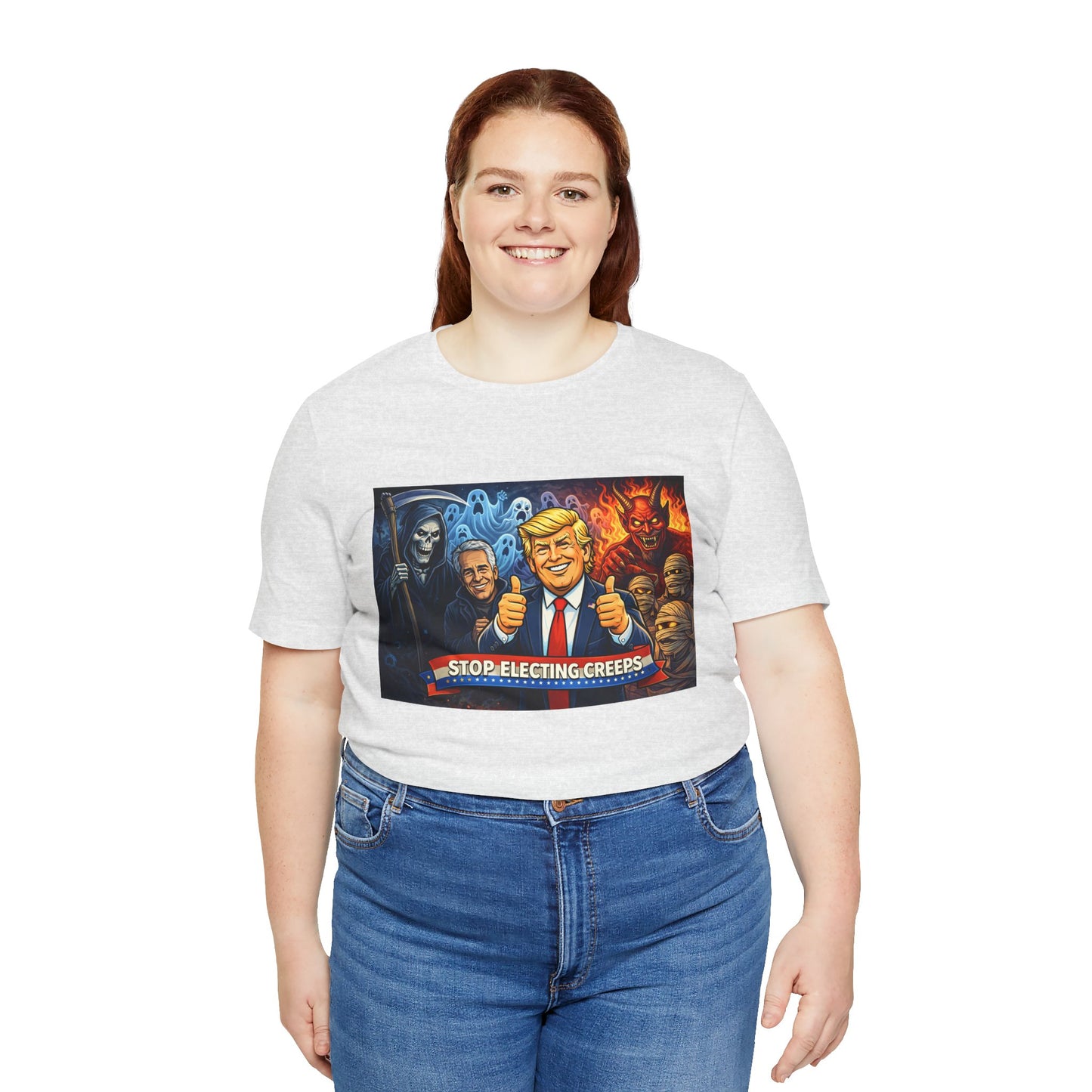 Political Satire Tee — "Stop Electing Creeps" Trump & Monsters Graphic Shirt