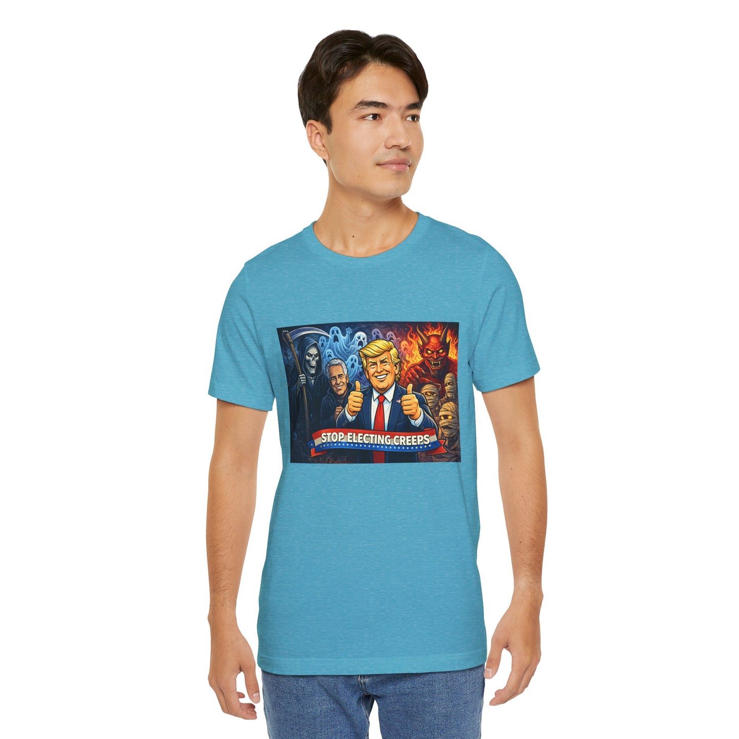 Political Satire Tee — "Stop Electing Creeps" Trump & Monsters Graphic Shirt