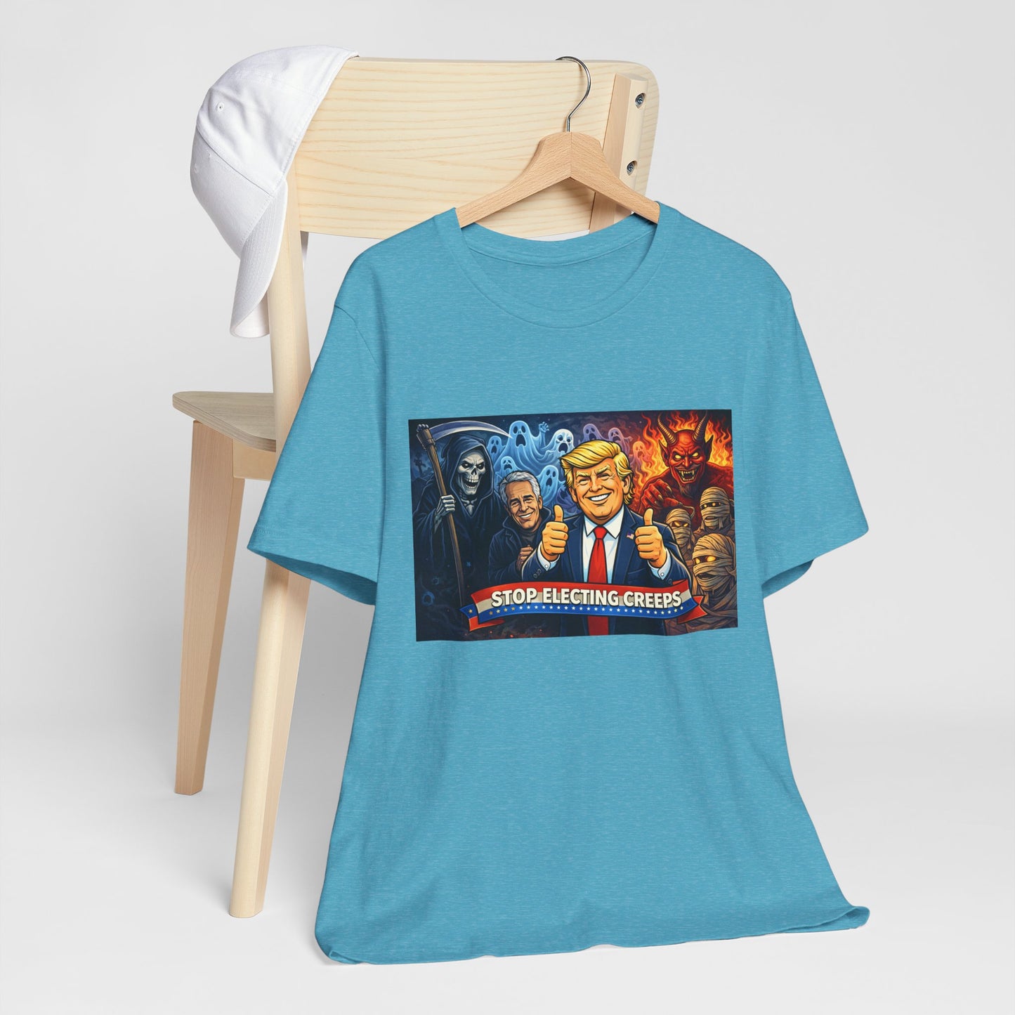 Political Satire Tee — "Stop Electing Creeps" Trump & Monsters Graphic Shirt