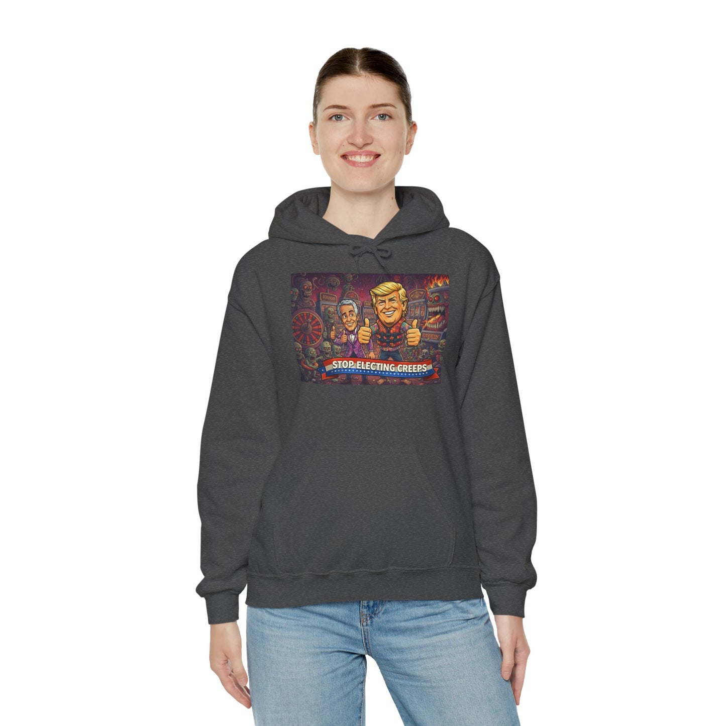 Political Satire Hoodie — "Stop Electing Creeps" Graphic Pullover
