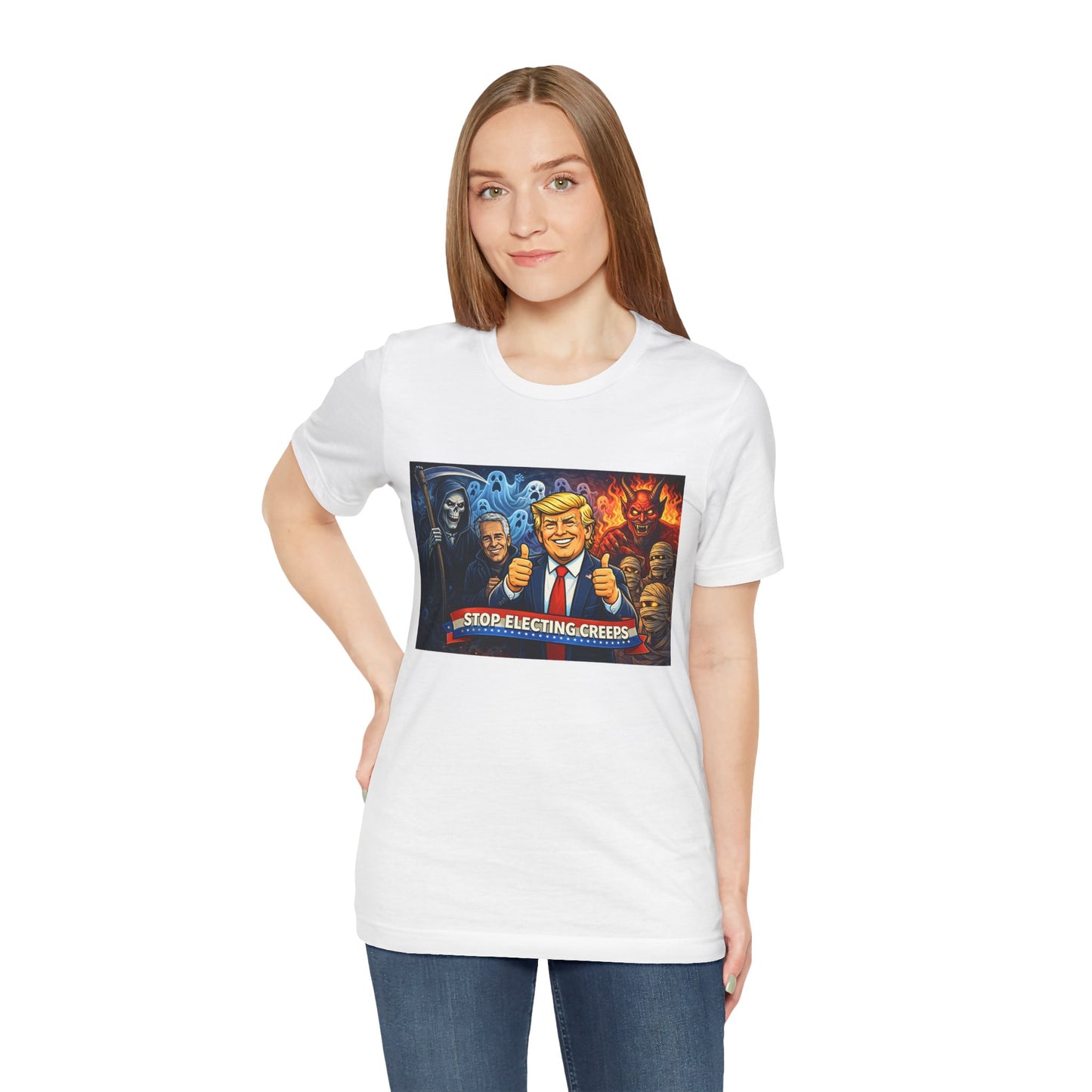 Political Satire Tee — "Stop Electing Creeps" Trump & Monsters Graphic Shirt