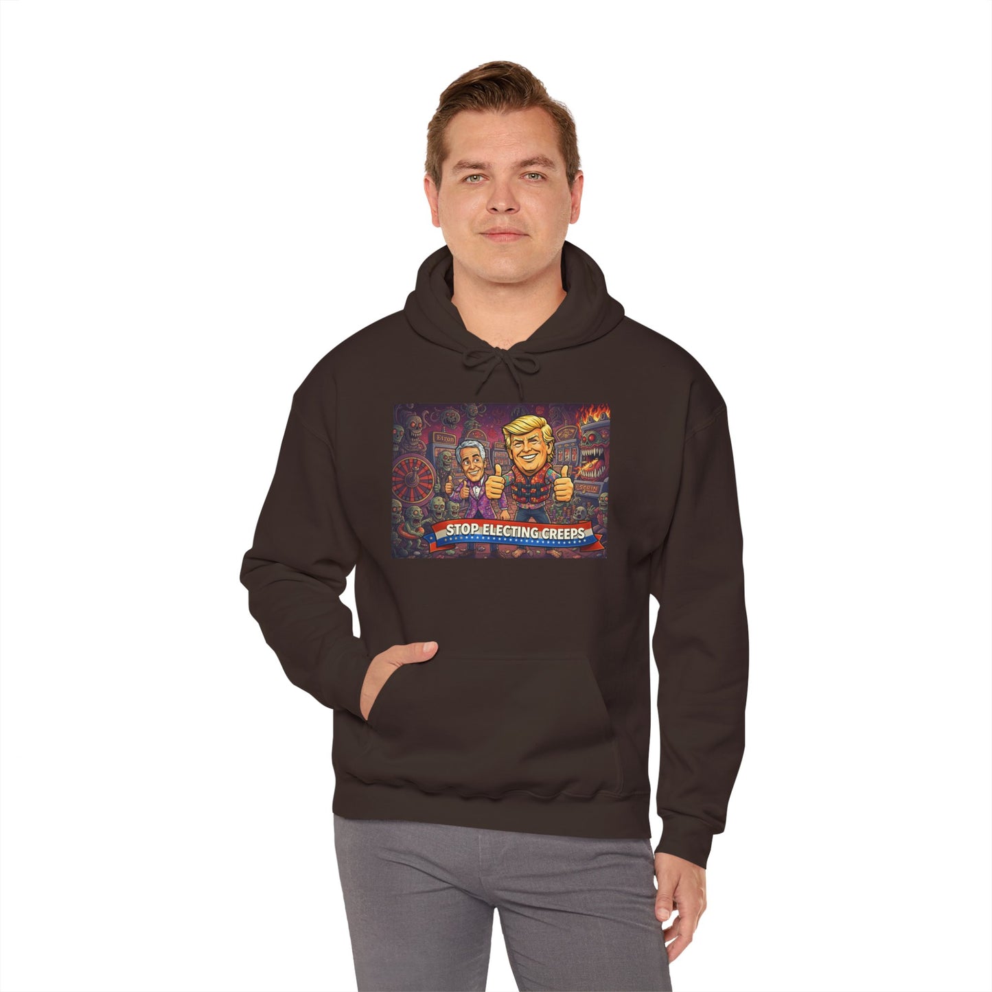 Political Satire Hoodie — "Stop Electing Creeps" Graphic Pullover