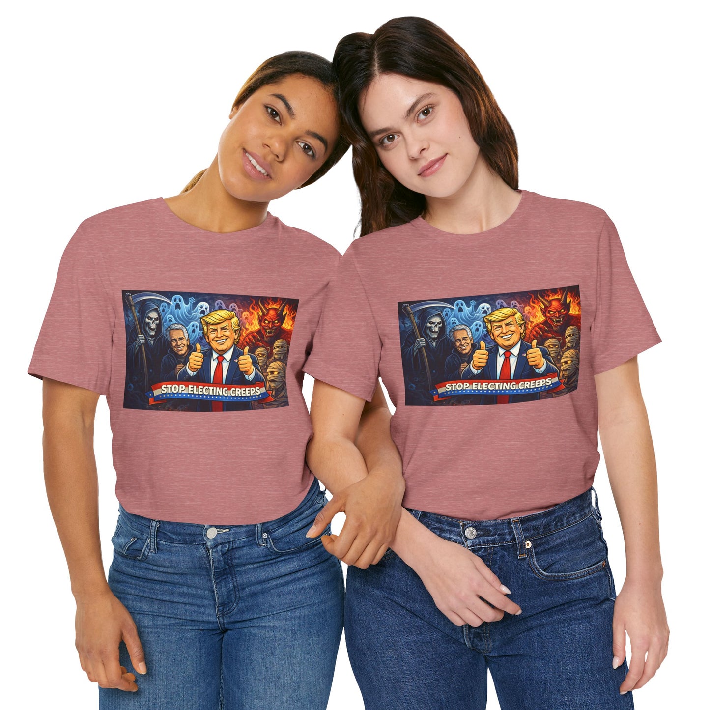 Political Satire Tee — "Stop Electing Creeps" Trump & Monsters Graphic Shirt