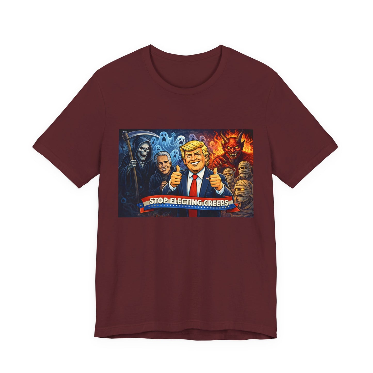 Political Satire Tee — "Stop Electing Creeps" Trump & Monsters Graphic Shirt