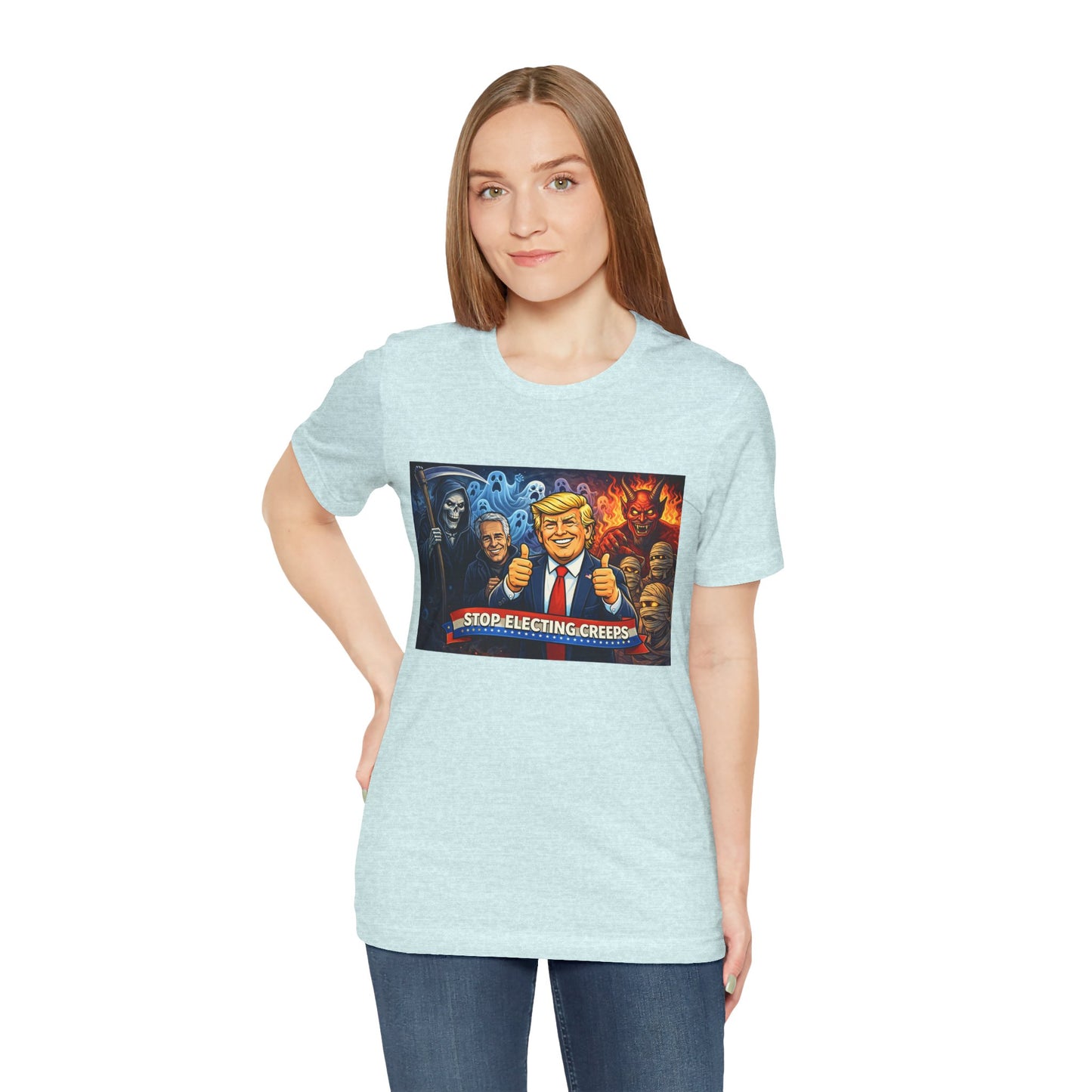 Political Satire Tee — "Stop Electing Creeps" Trump & Monsters Graphic Shirt