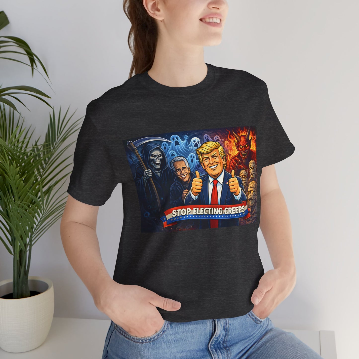 Political Satire Tee — "Stop Electing Creeps" Trump & Monsters Graphic Shirt