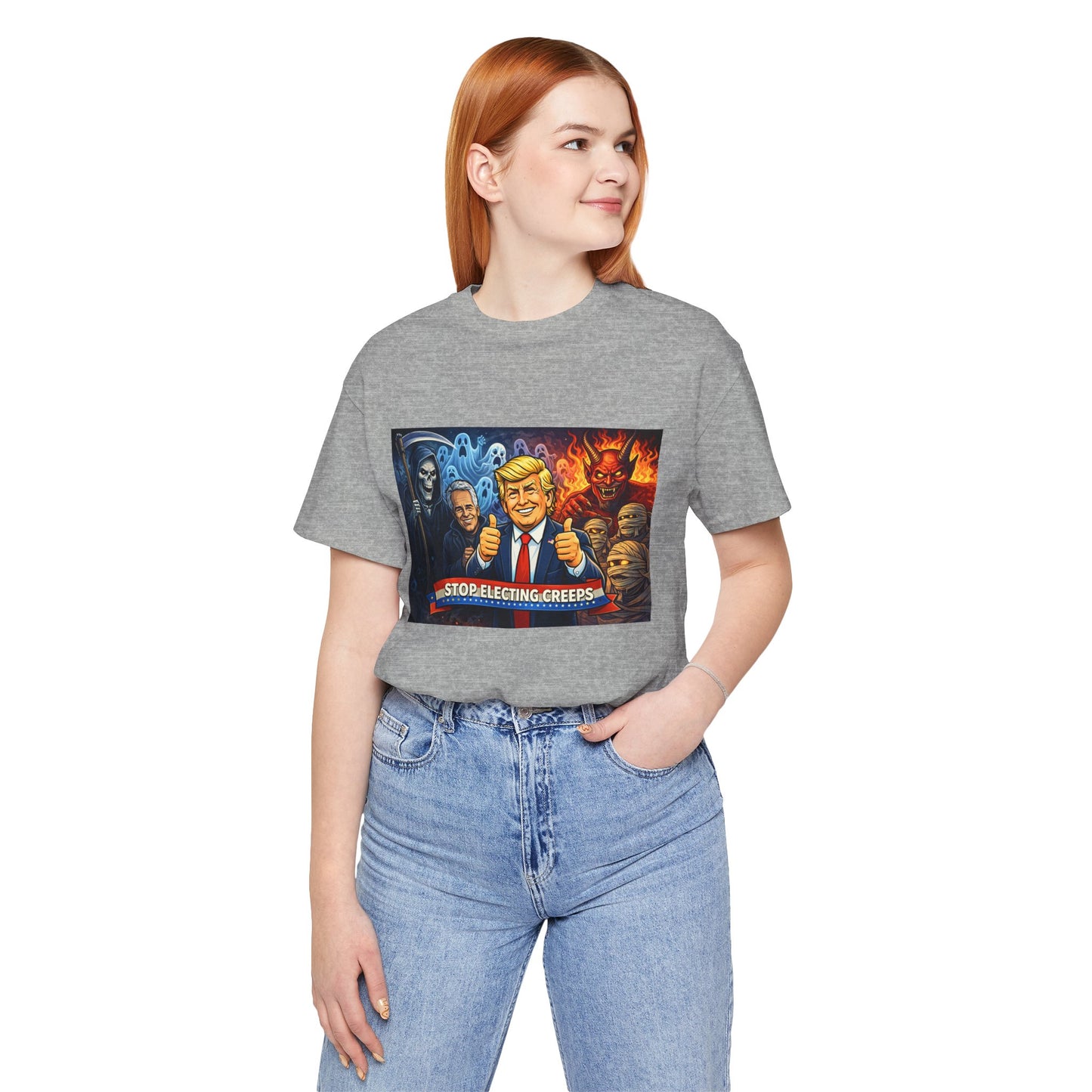 Political Satire Tee — "Stop Electing Creeps" Trump & Monsters Graphic Shirt