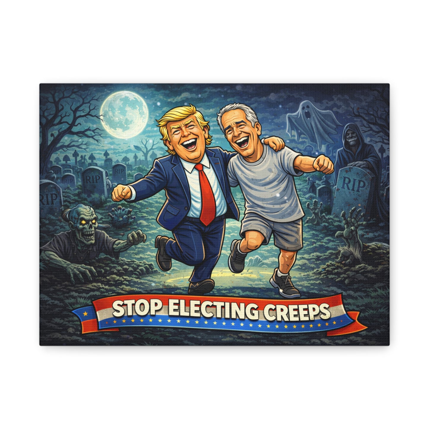 Stop Electing Creeps Canvas Print — Political Satire Wall Art (Trump & Biden Halloween Scene)