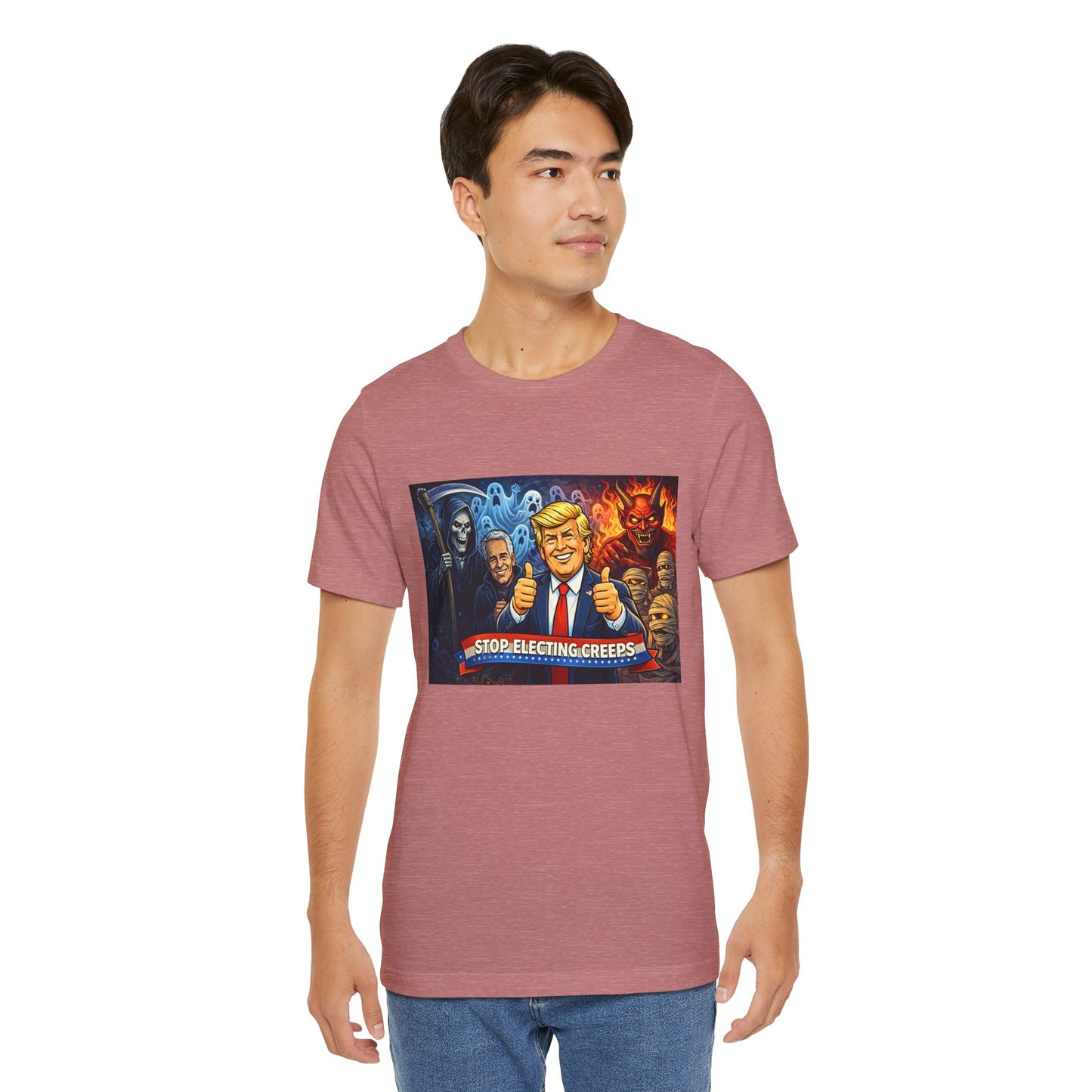 Political Satire Tee — "Stop Electing Creeps" Trump & Monsters Graphic Shirt