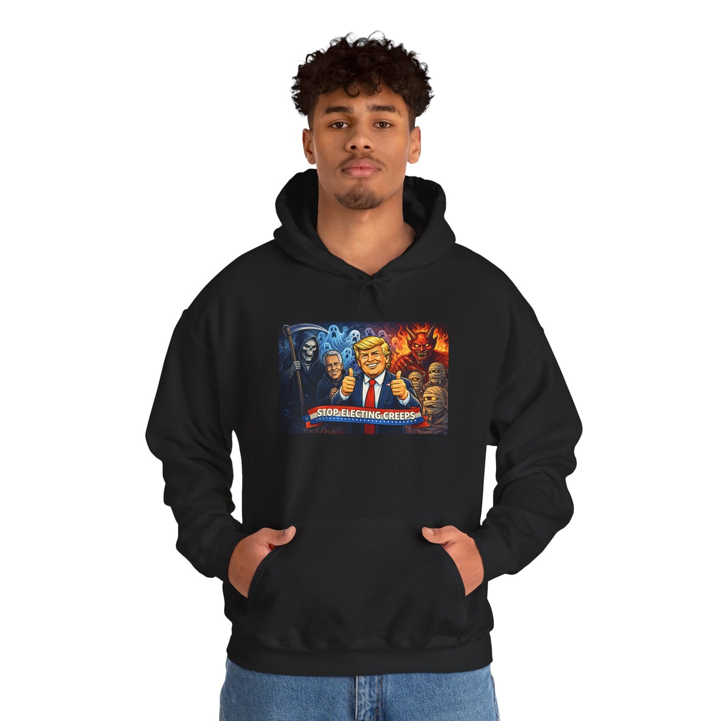 Political Caricature Hoodie — Bold Retro Satire Graphic Sweatshirt