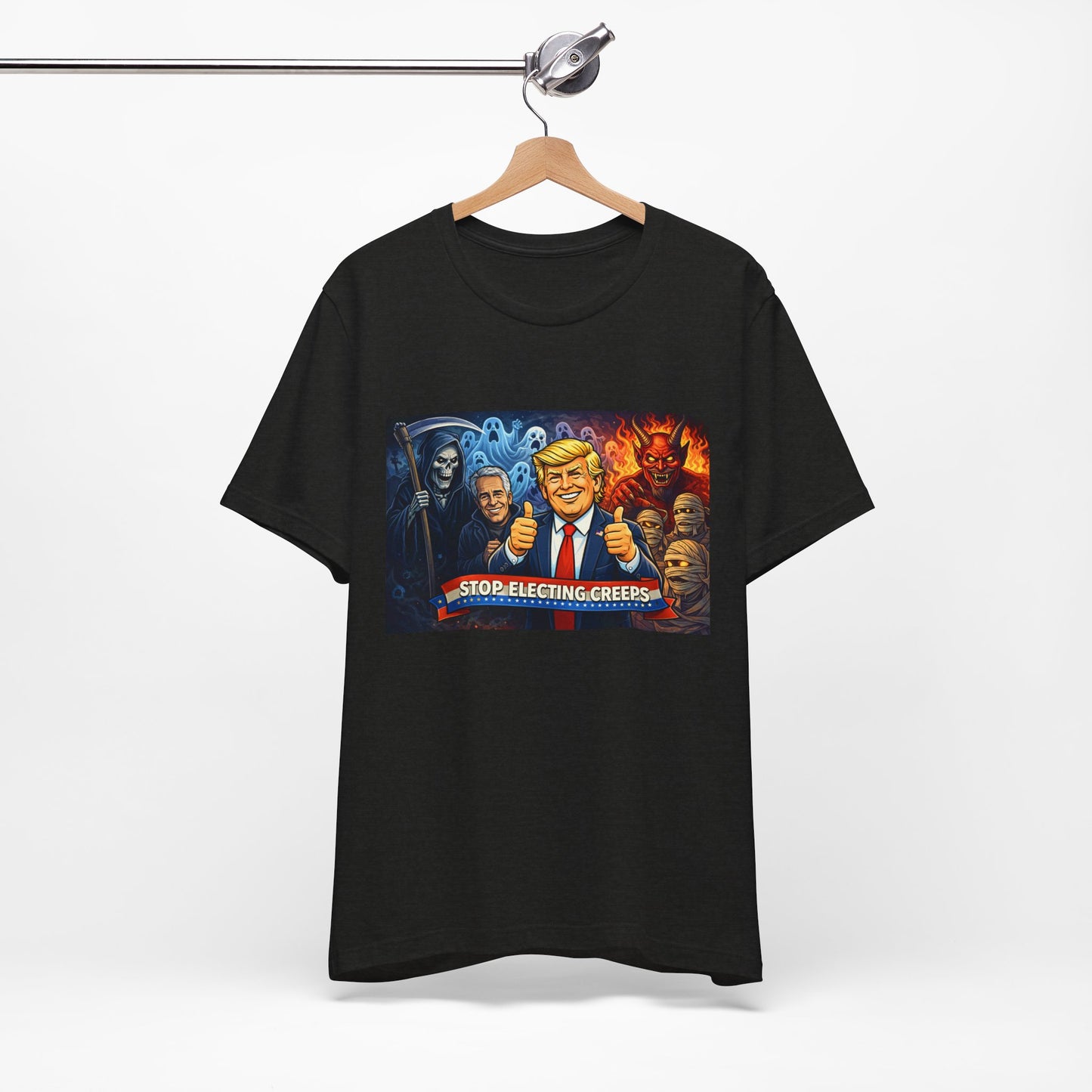 Political Satire Tee — "Stop Electing Creeps" Trump & Monsters Graphic Shirt