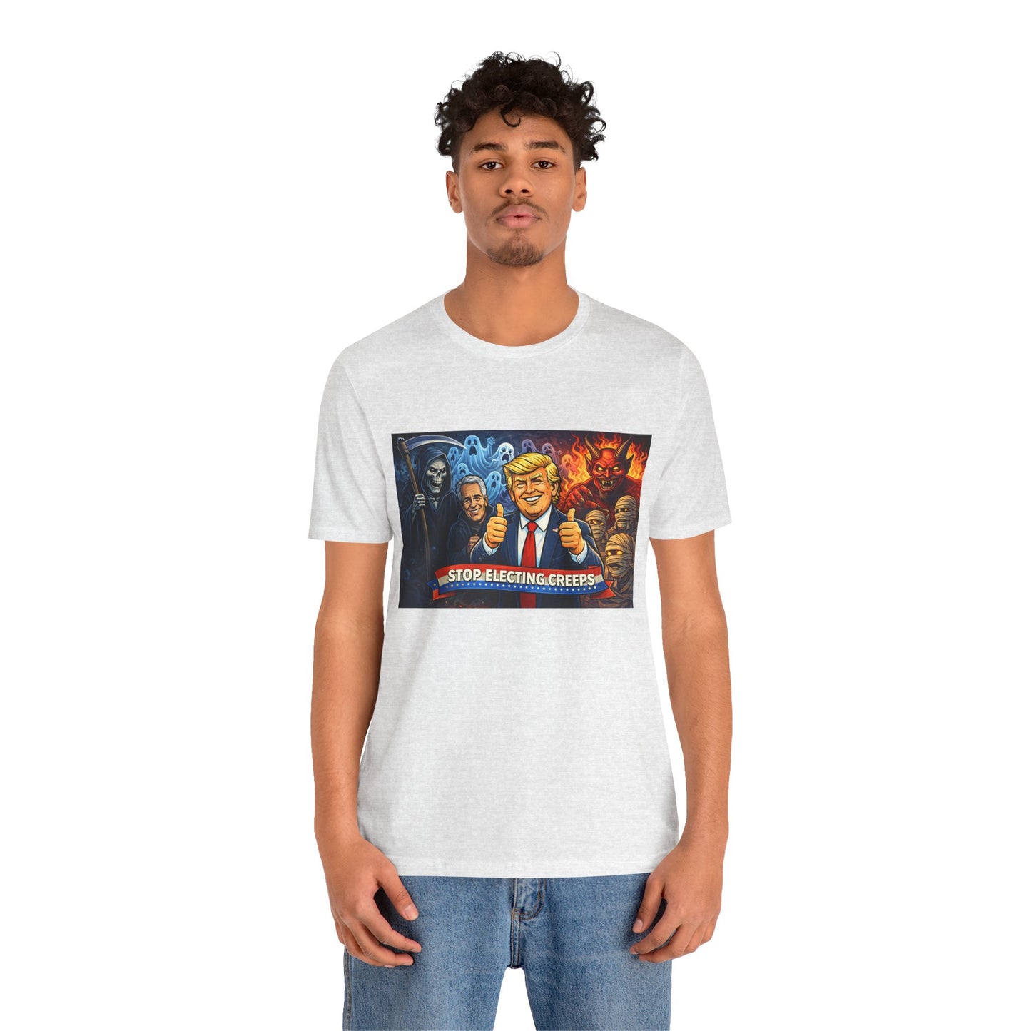 Political Satire Tee — "Stop Electing Creeps" Trump & Monsters Graphic Shirt