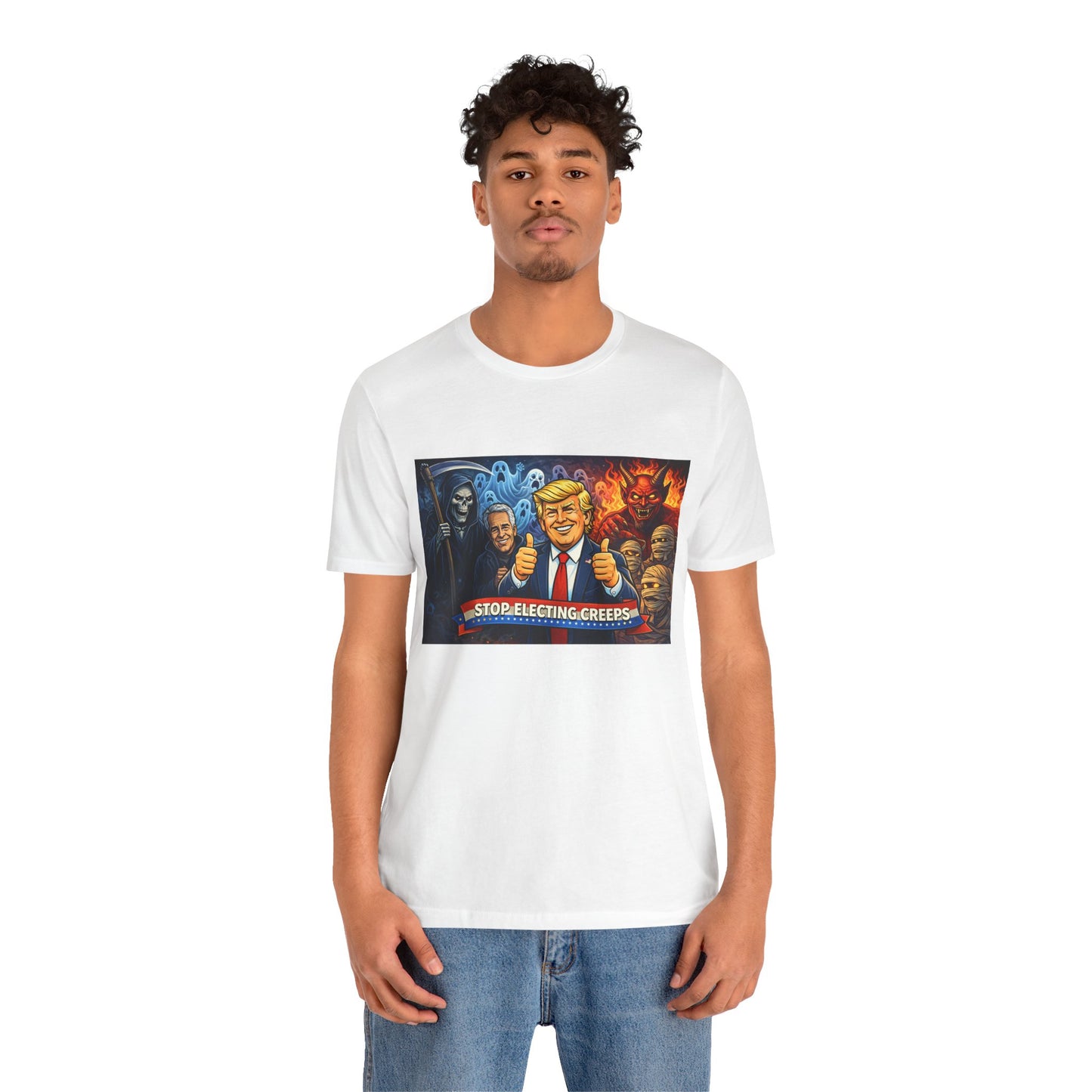 Political Satire Tee — "Stop Electing Creeps" Trump & Monsters Graphic Shirt