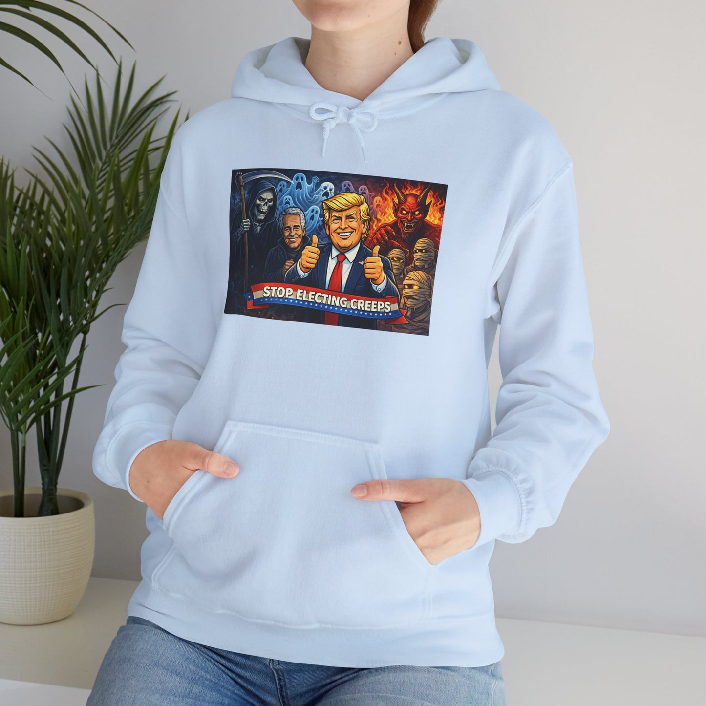 Political Caricature Hoodie — Bold Retro Satire Graphic Sweatshirt