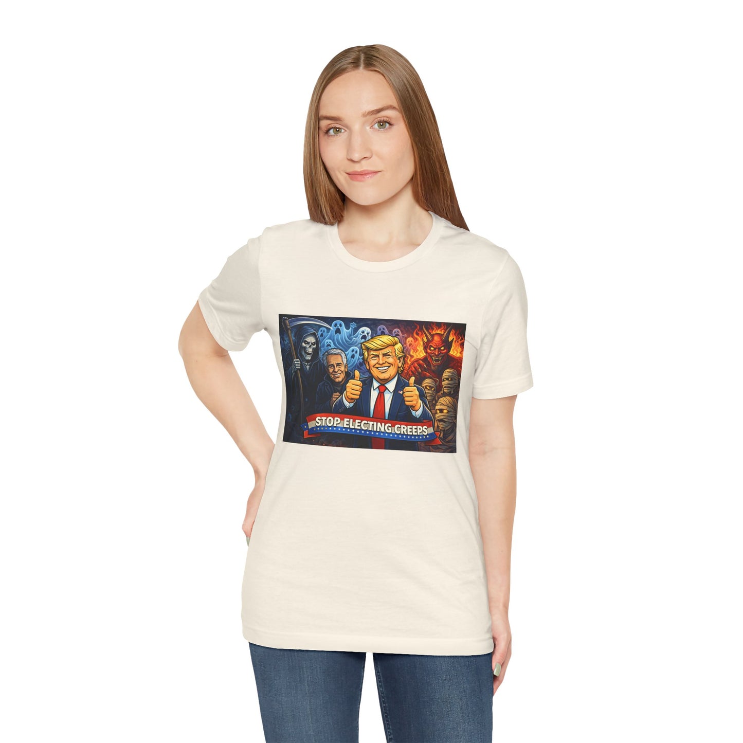 Political Satire Tee — "Stop Electing Creeps" Trump & Monsters Graphic Shirt