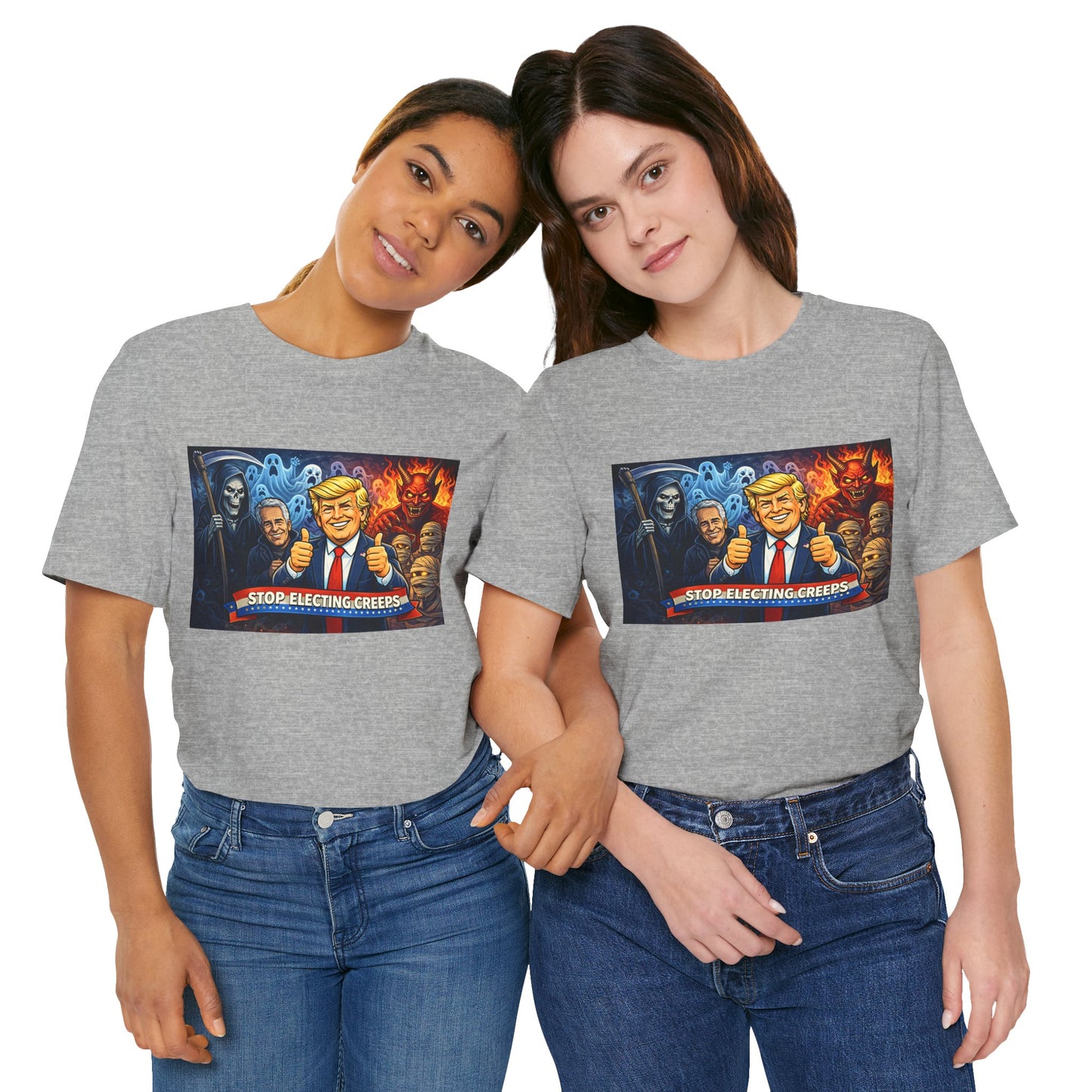 Political Satire Tee — "Stop Electing Creeps" Trump & Monsters Graphic Shirt
