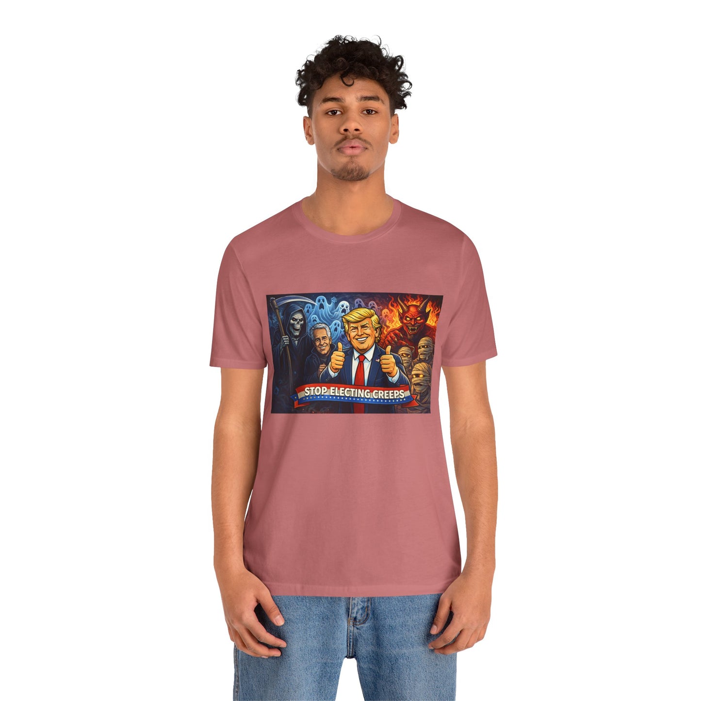 Political Satire Tee — "Stop Electing Creeps" Trump & Monsters Graphic Shirt