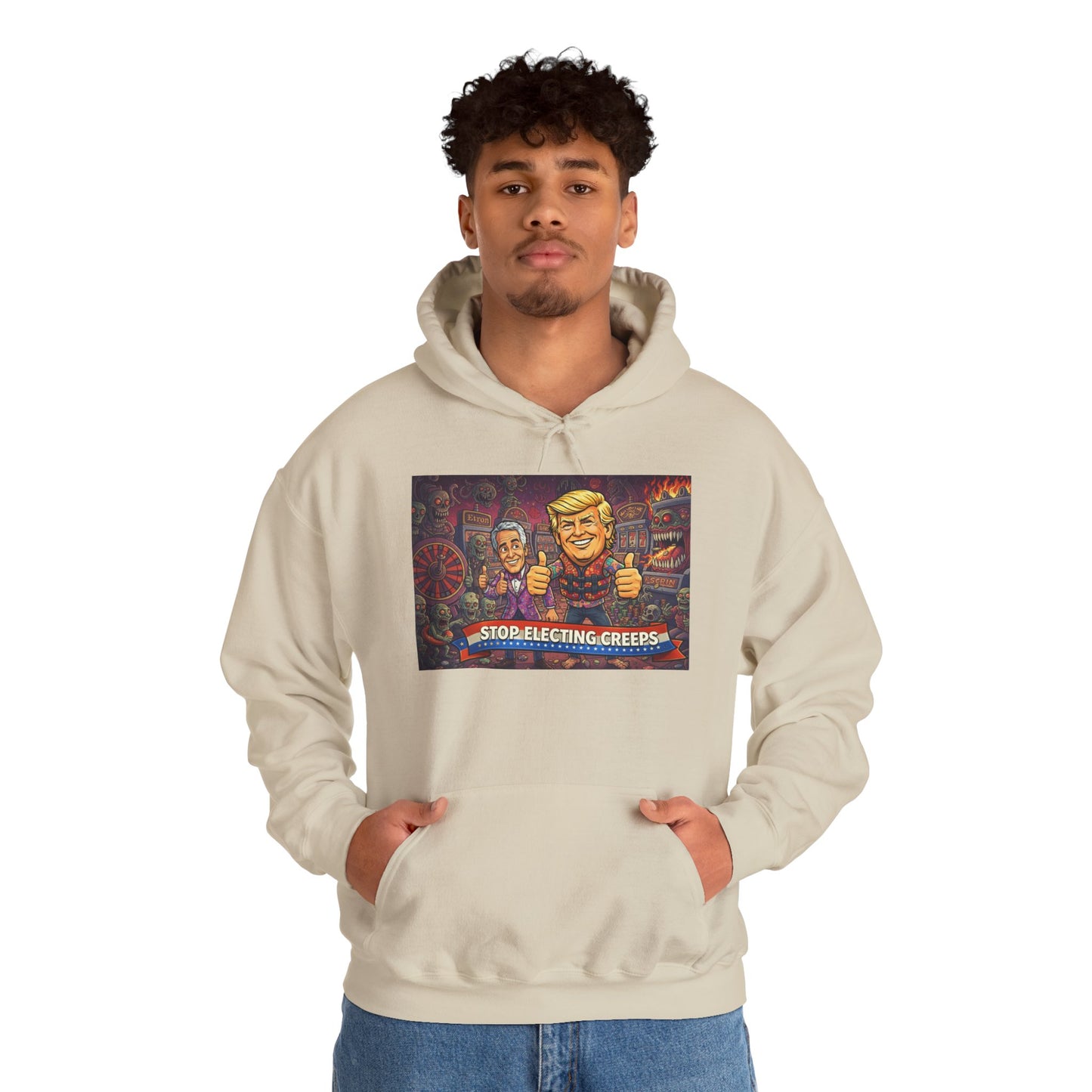 Political Satire Hoodie — "Stop Electing Creeps" Graphic Pullover