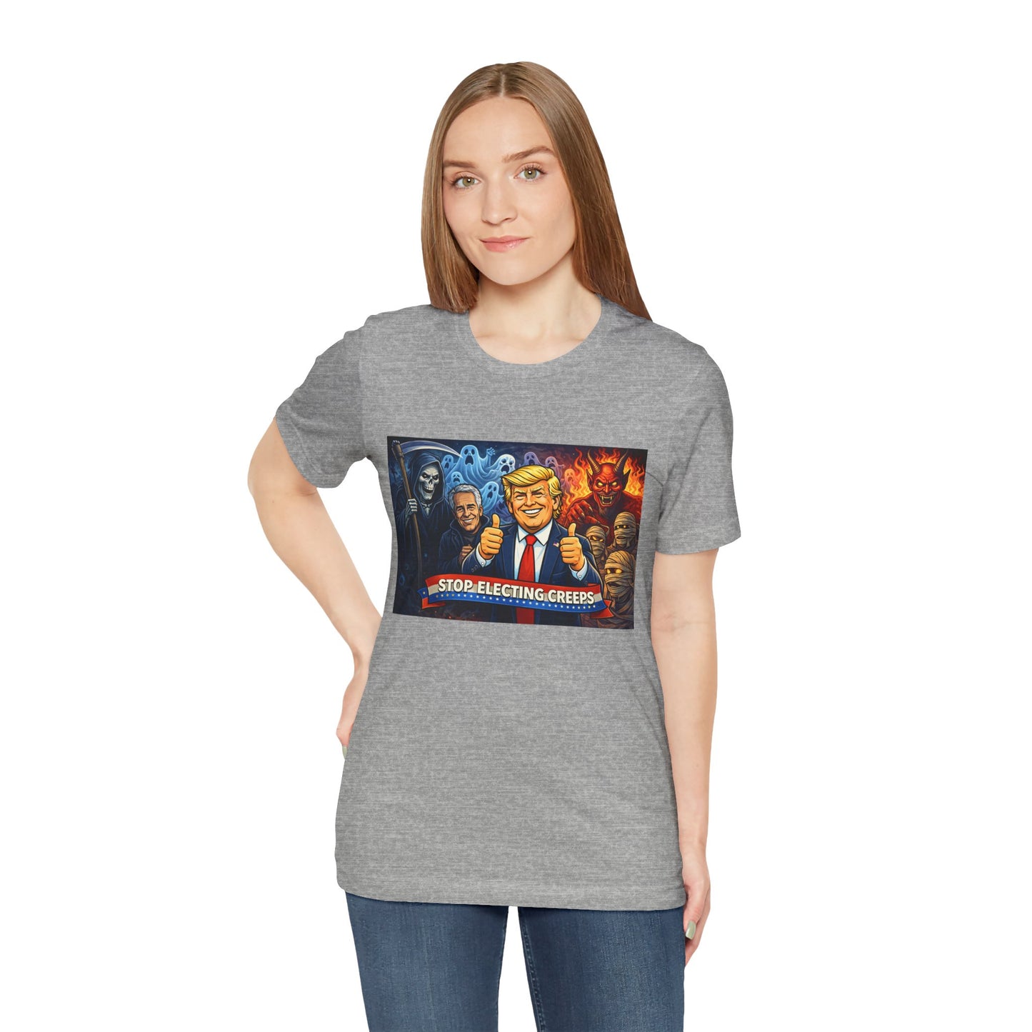 Political Satire Tee — "Stop Electing Creeps" Trump & Monsters Graphic Shirt
