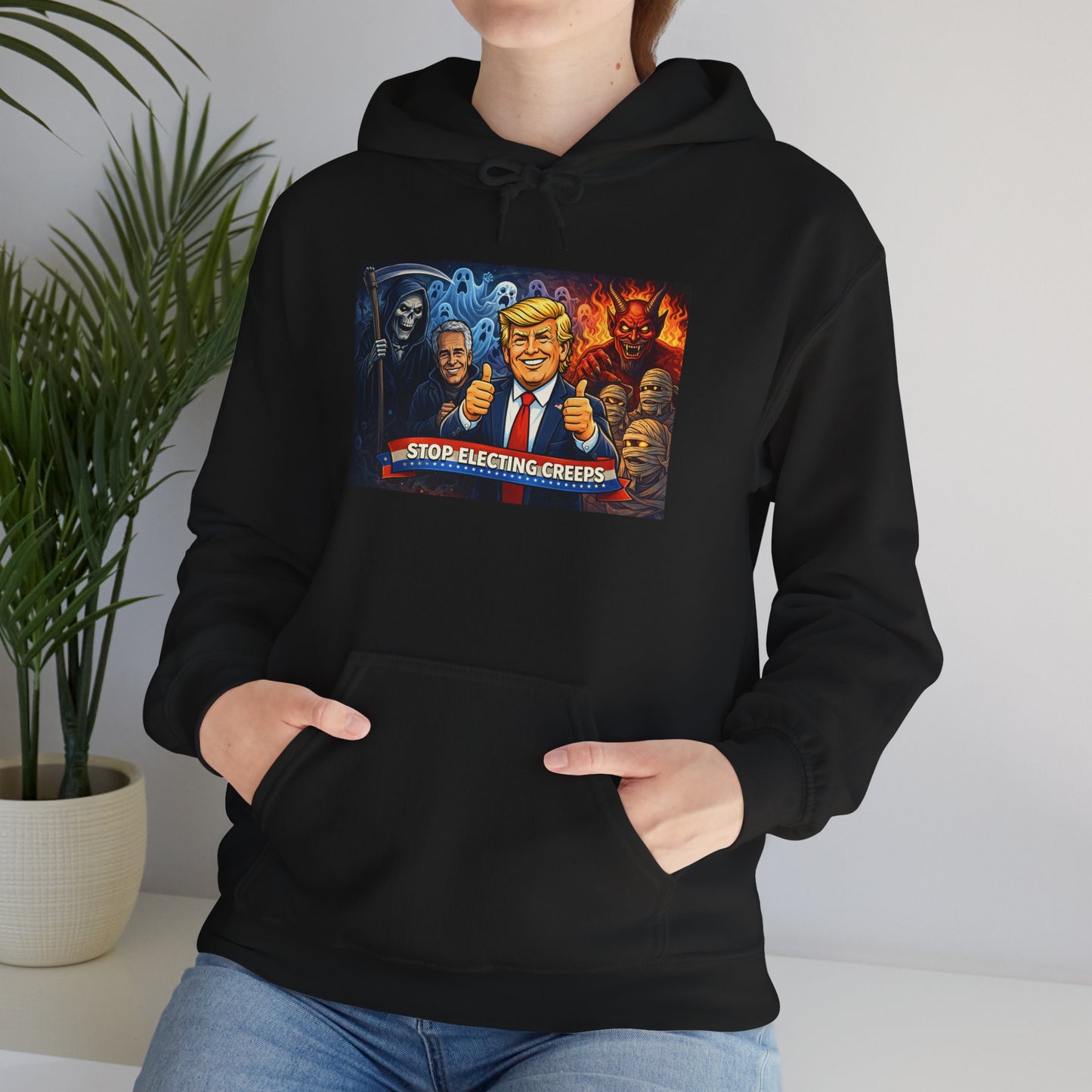 Political Caricature Hoodie — Bold Retro Satire Graphic Sweatshirt