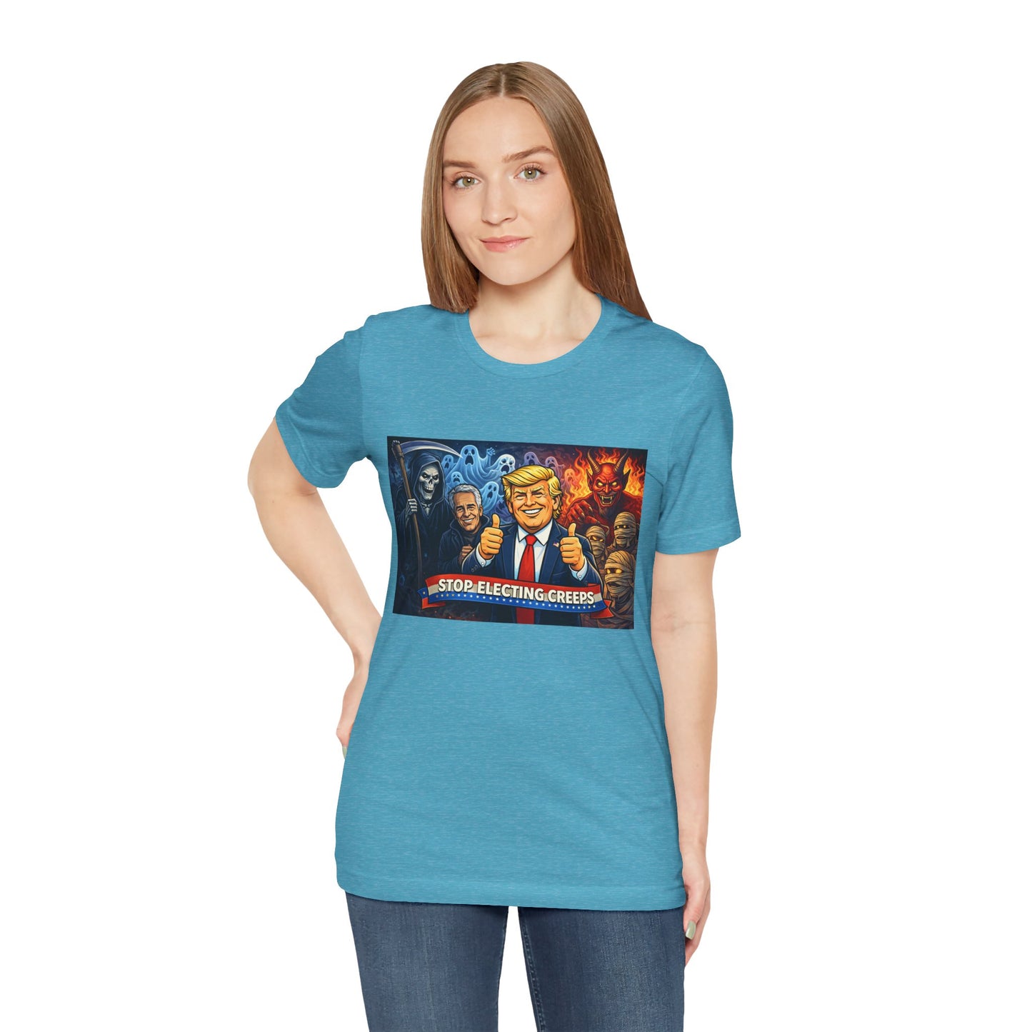 Political Satire Tee — "Stop Electing Creeps" Trump & Monsters Graphic Shirt