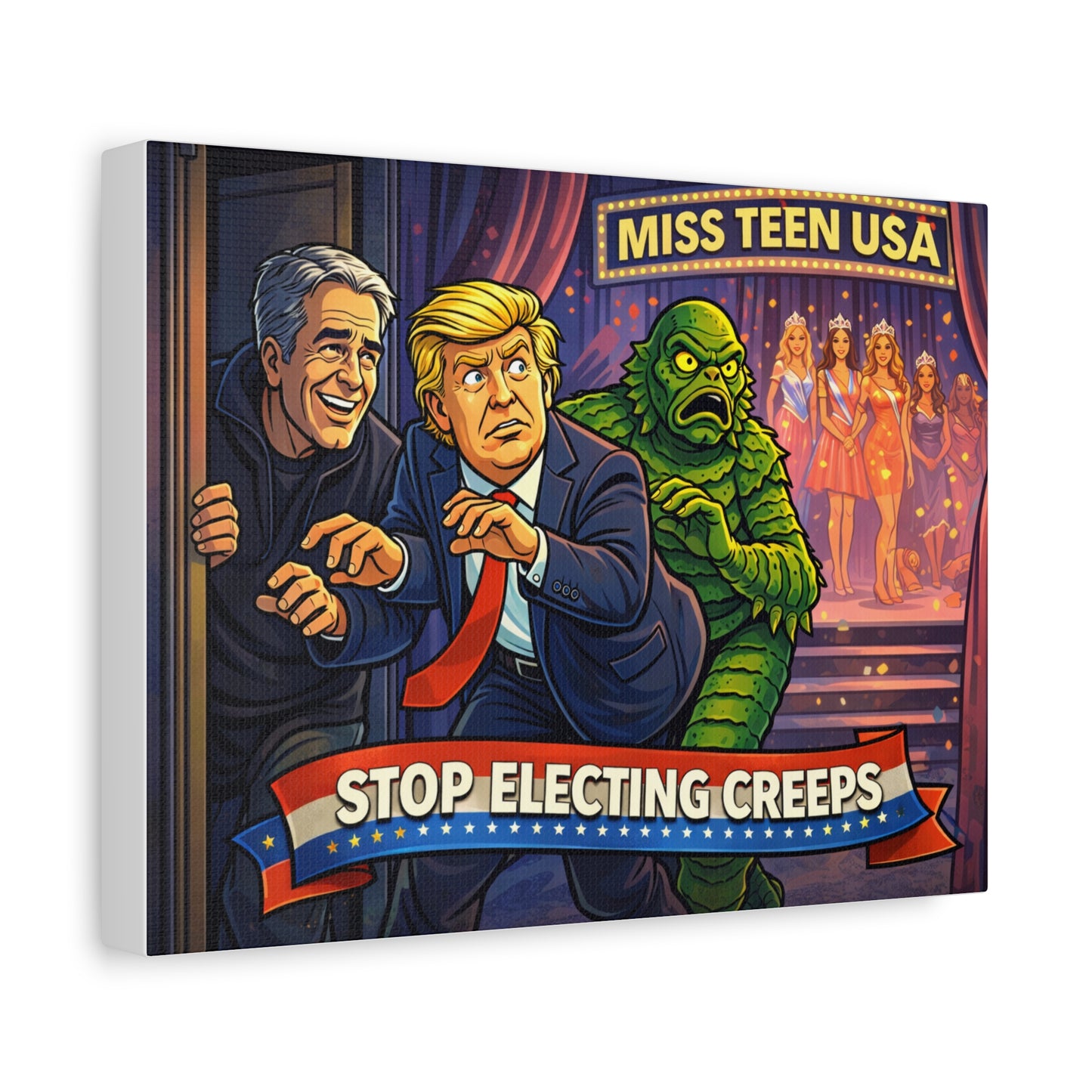 Stop Electing Creeps Matte Canvas Wall Art — Political Satire Poster (Trump, Epstein, Creature)