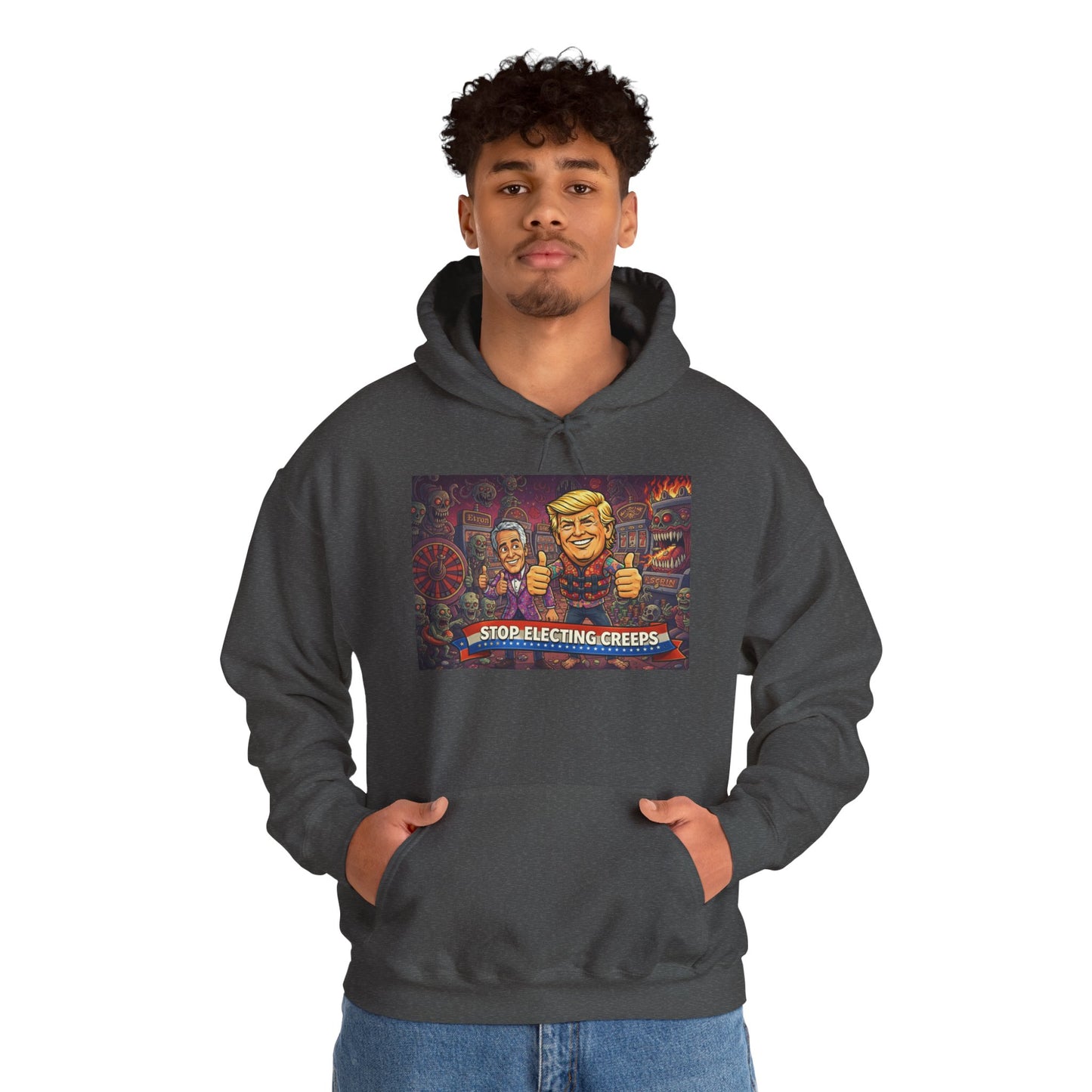 Political Satire Hoodie — "Stop Electing Creeps" Graphic Pullover