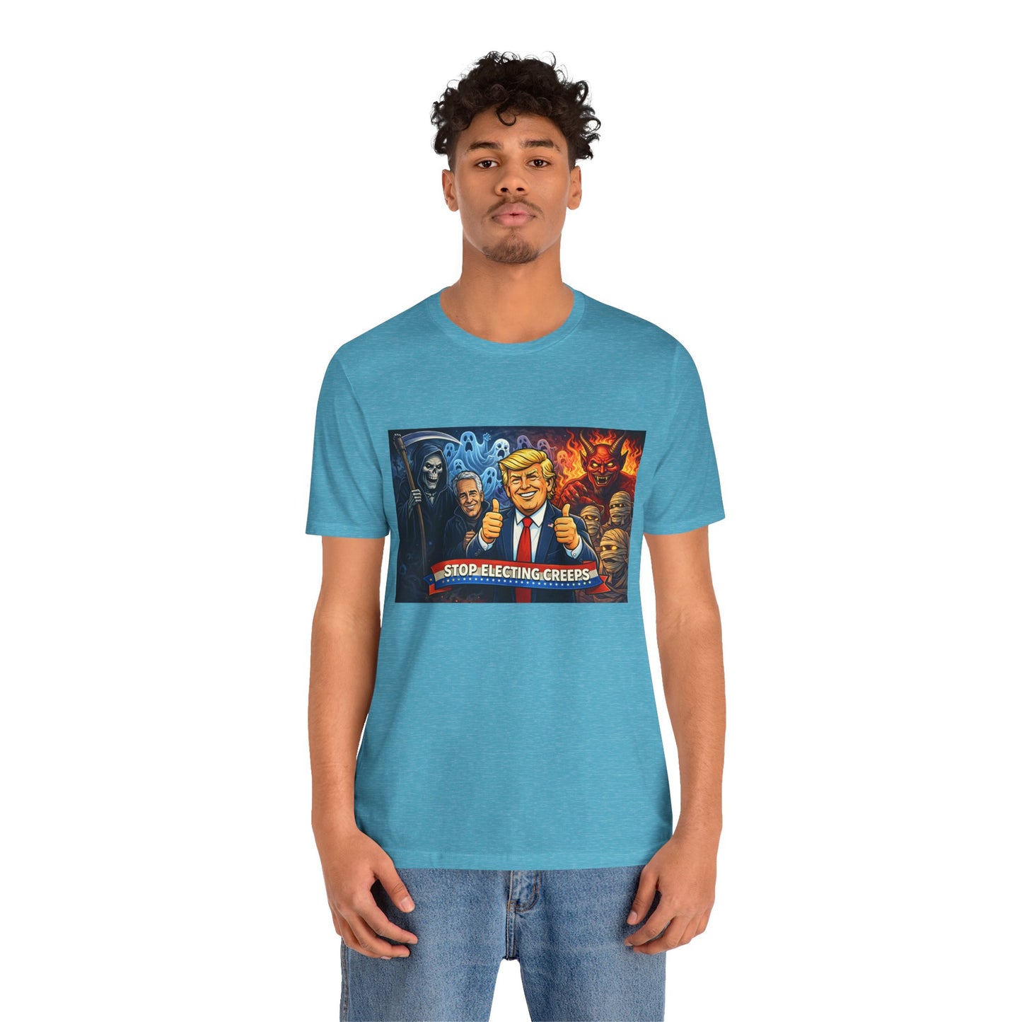 Political Satire Tee — "Stop Electing Creeps" Trump & Monsters Graphic Shirt