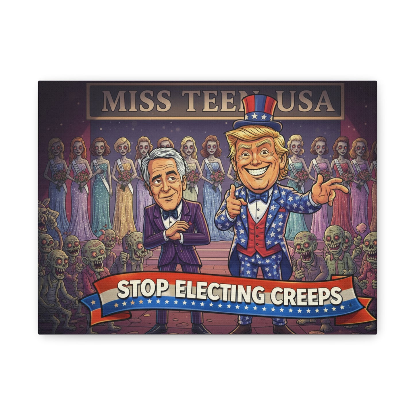 Stop Electing Creeps Canvas Wall Art — Political Satire Trump & Epstein Caricature